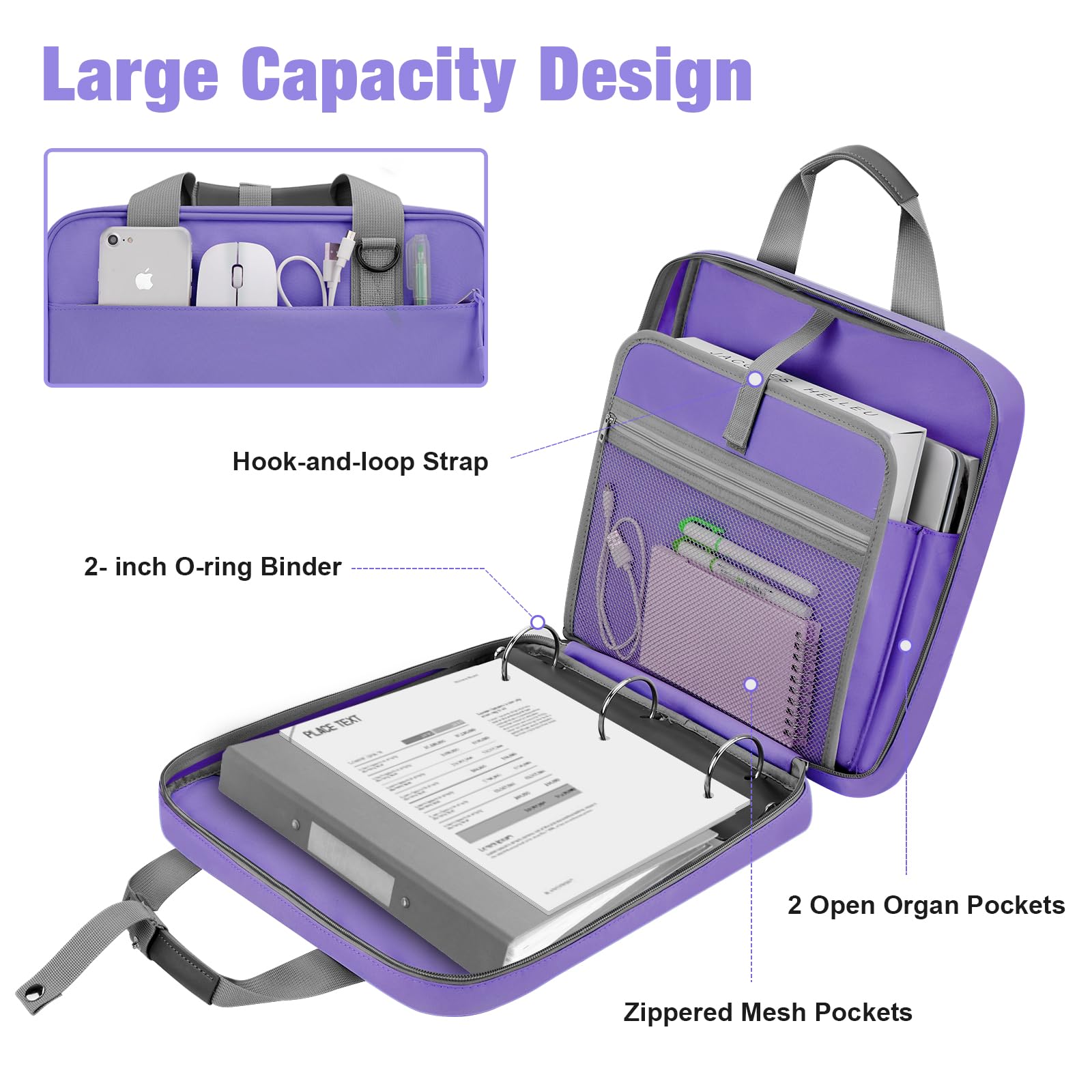 3 Ring 2 Inch Zipper Binder - 500 Sheet Capacity School Binder with Zipper Closure for Students, Fits 13-Inch MacBook, Includes Handle & Adjustable Shoulder Strap - Perfect for School, College, Office & Travel (Purple)