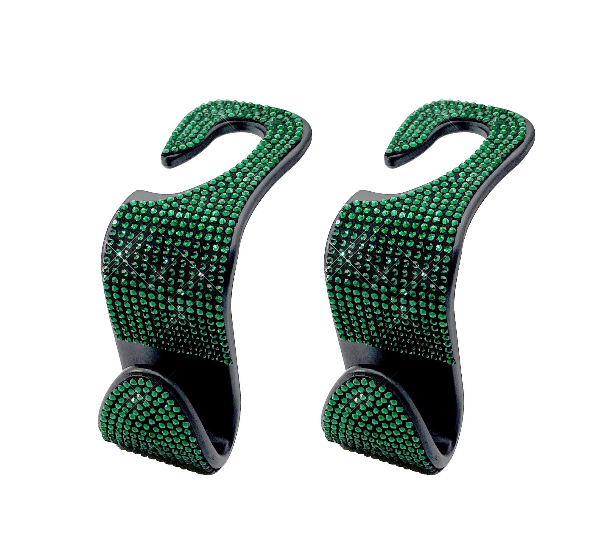 2 Pcs Car Seat Hooks with Bling Crystal - Durable Headrest Hanger for Purse, Handbag, Clothes & Grocery Bags (Green) - Perfect for Road Trips, Shopping & Daily Commute