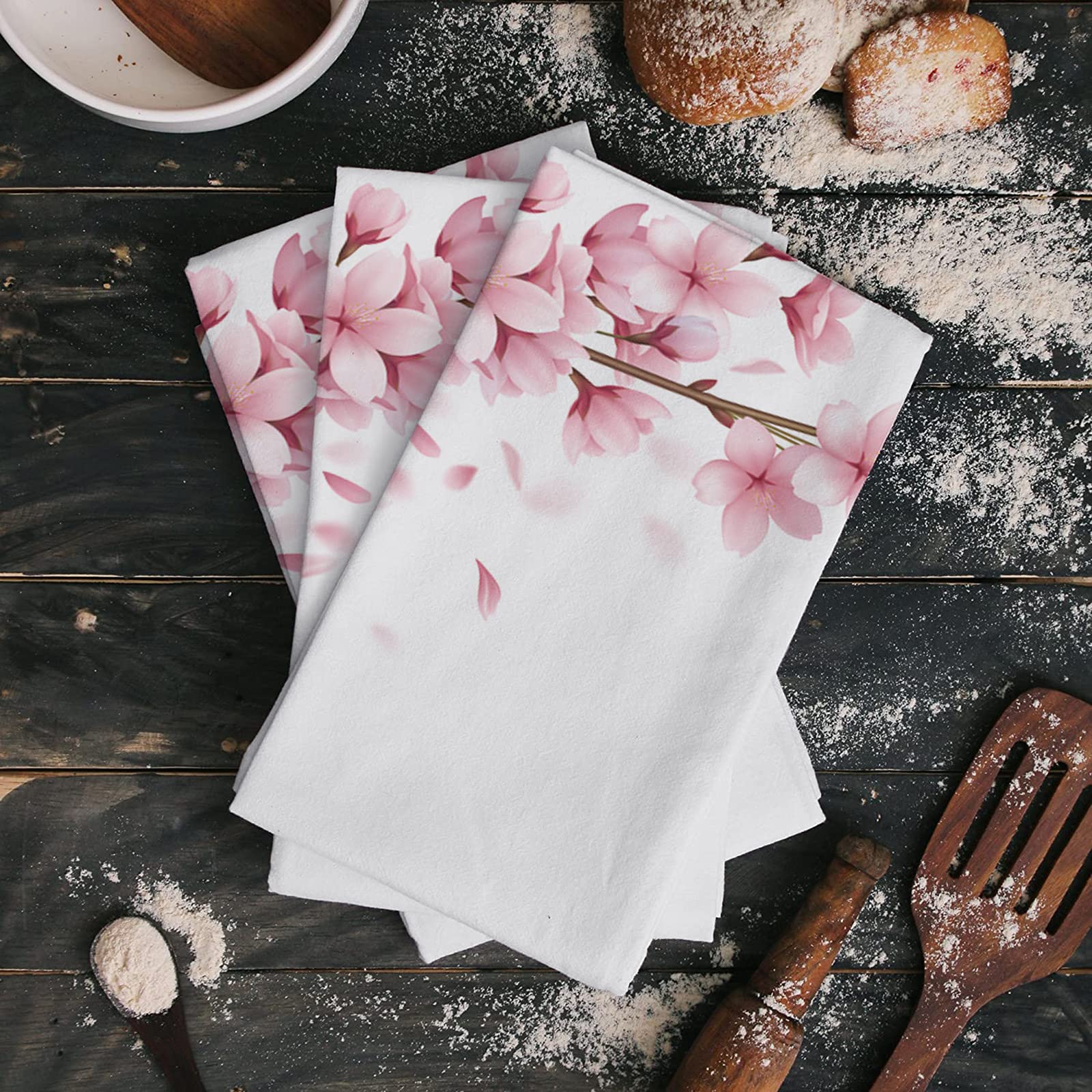 Premium Microfiber Kitchen Towel Set - 4 Pack Fast Drying Dish Cloths with Cherry Blossom Design (18x28 Inch) - Perfect for Cooking, Cleaning, Bar Use & Hand Drying - Pink Floral Pattern on White Background
