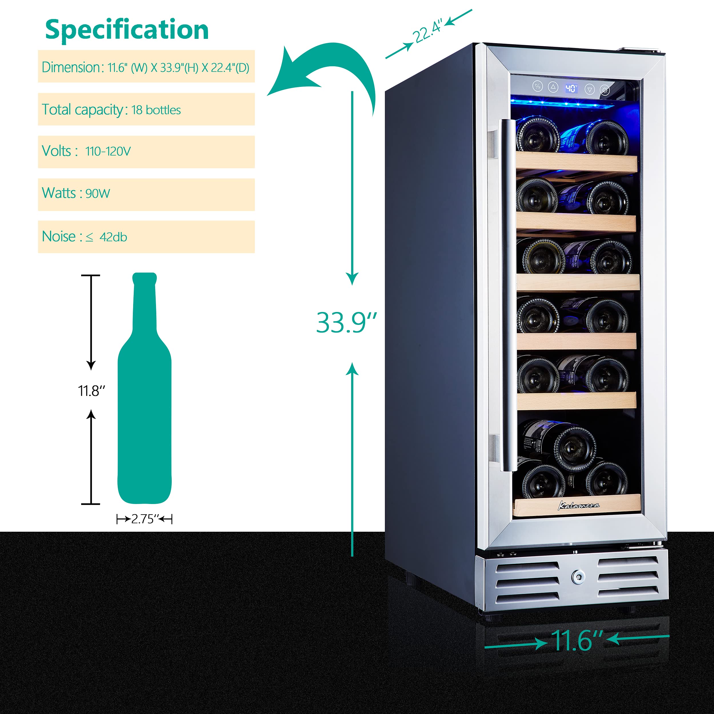 Kalamera 18 Bottle Mini Wine Cooler Refrigerator - 12 Inch Built-in or Freestanding Wine Fridge with Stainless Steel Frame, Double-Layer Tempered Glass Door & Temperature Memory Function - Perfect for Home Bar, Kitchen, Office or Entertainment Room