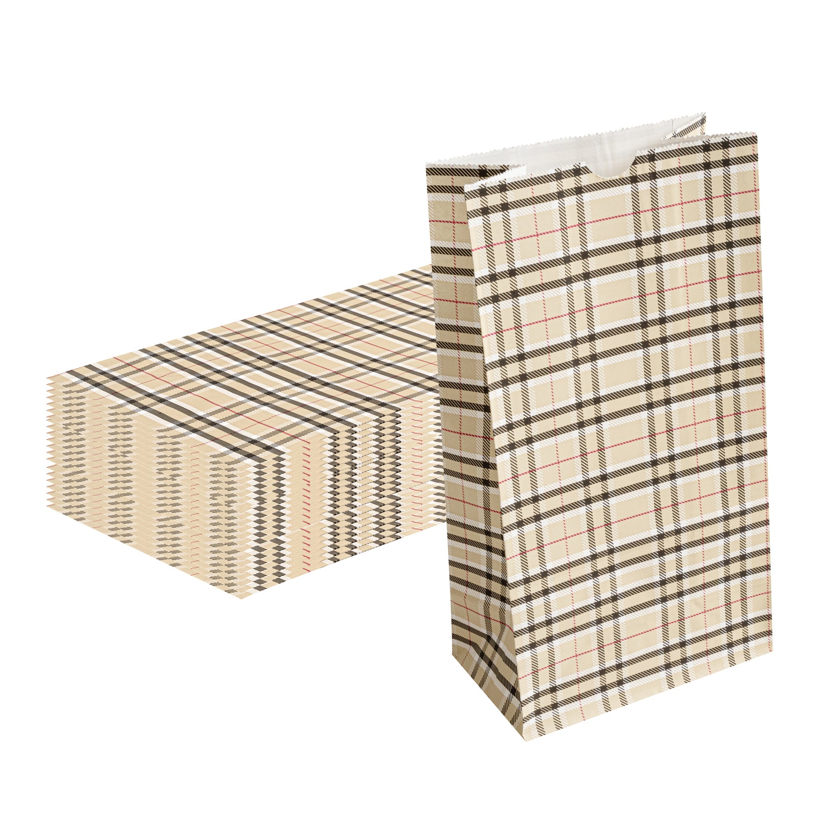 Eco-Friendly Plaid Paper Bags 6lb Capacity - 6x3.5x10.75 Inches - Pack of 100 - Perfect for Retail Shopping, Gift Wrapping & Party Favors