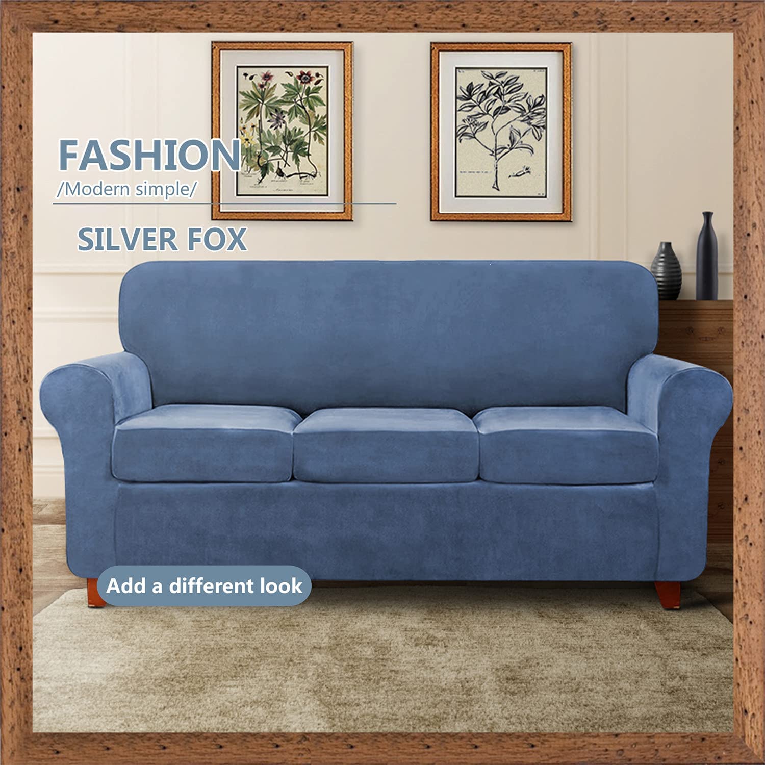 Stretch Velvet Sofa Slipcover with Separate Seat Cushion Covers - Super Soft Non-Slip Couch Cover Furniture Protector with Elastic Bands for 2-Seater Sofa - Blue - Perfect for Living Room, Home Decor & Pet-Friendly Furniture Protection