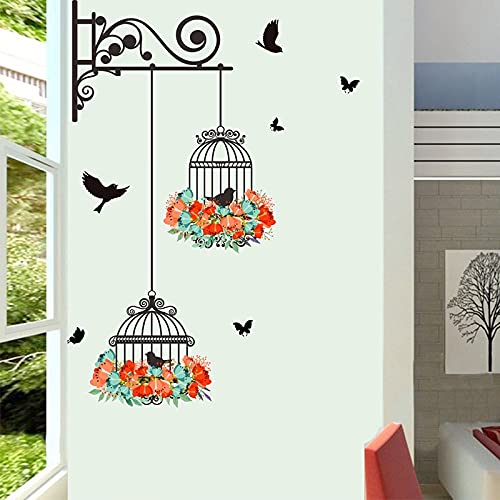 Beautiful Birdcage Flower Flying Vinyl Wall Stickers - Self-Adhesive Home Decor for Living Room, Nursery & Kids Room - Perfect for Bedroom, Office & Dorm Wall Decoration