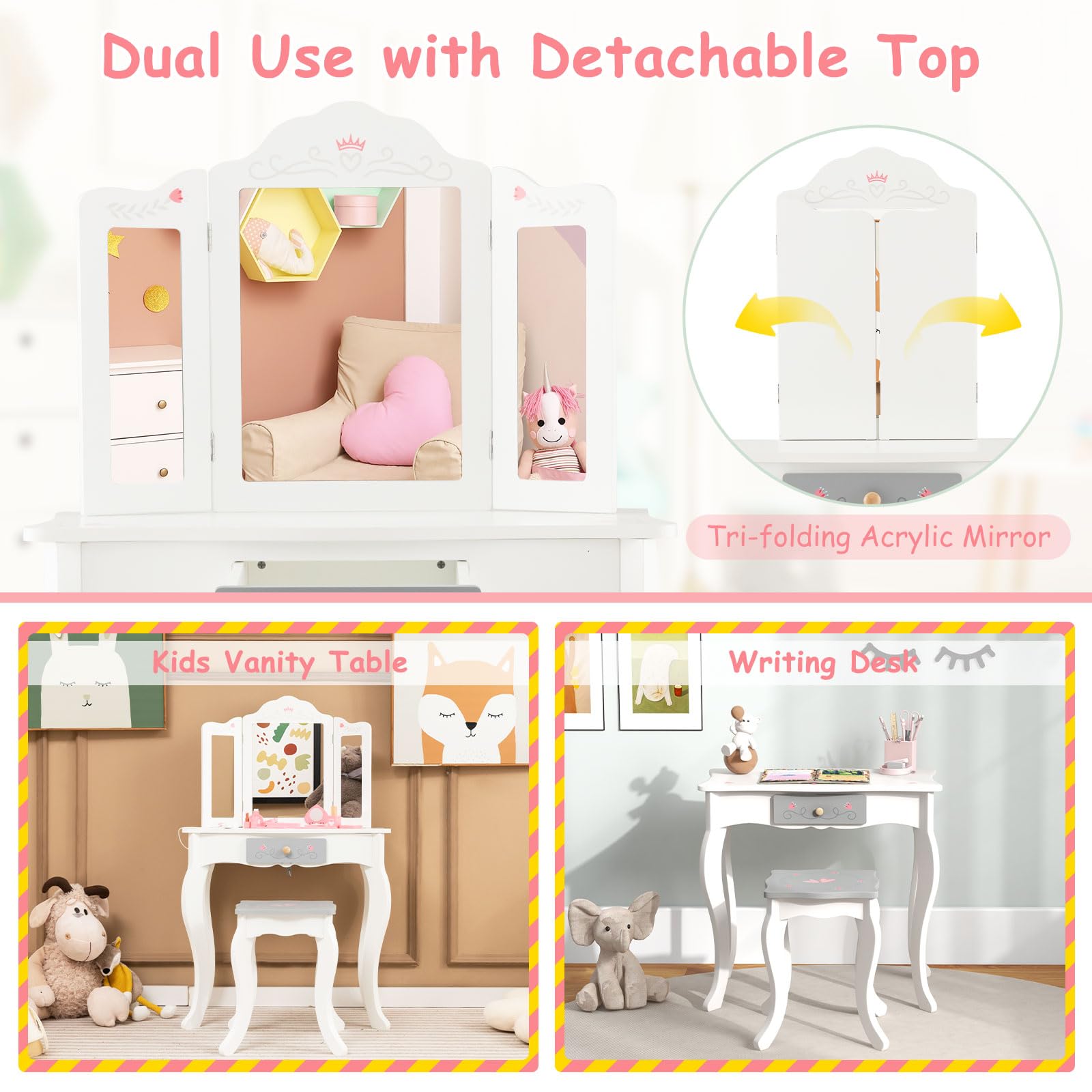Honey Joy Kids Vanity Set with Mirror & Stool - Wooden Makeup Table for Toddlers - Pretend Play Dressing Toys for Little Girls (White) - Perfect for Birthday Gifts & Role Play
