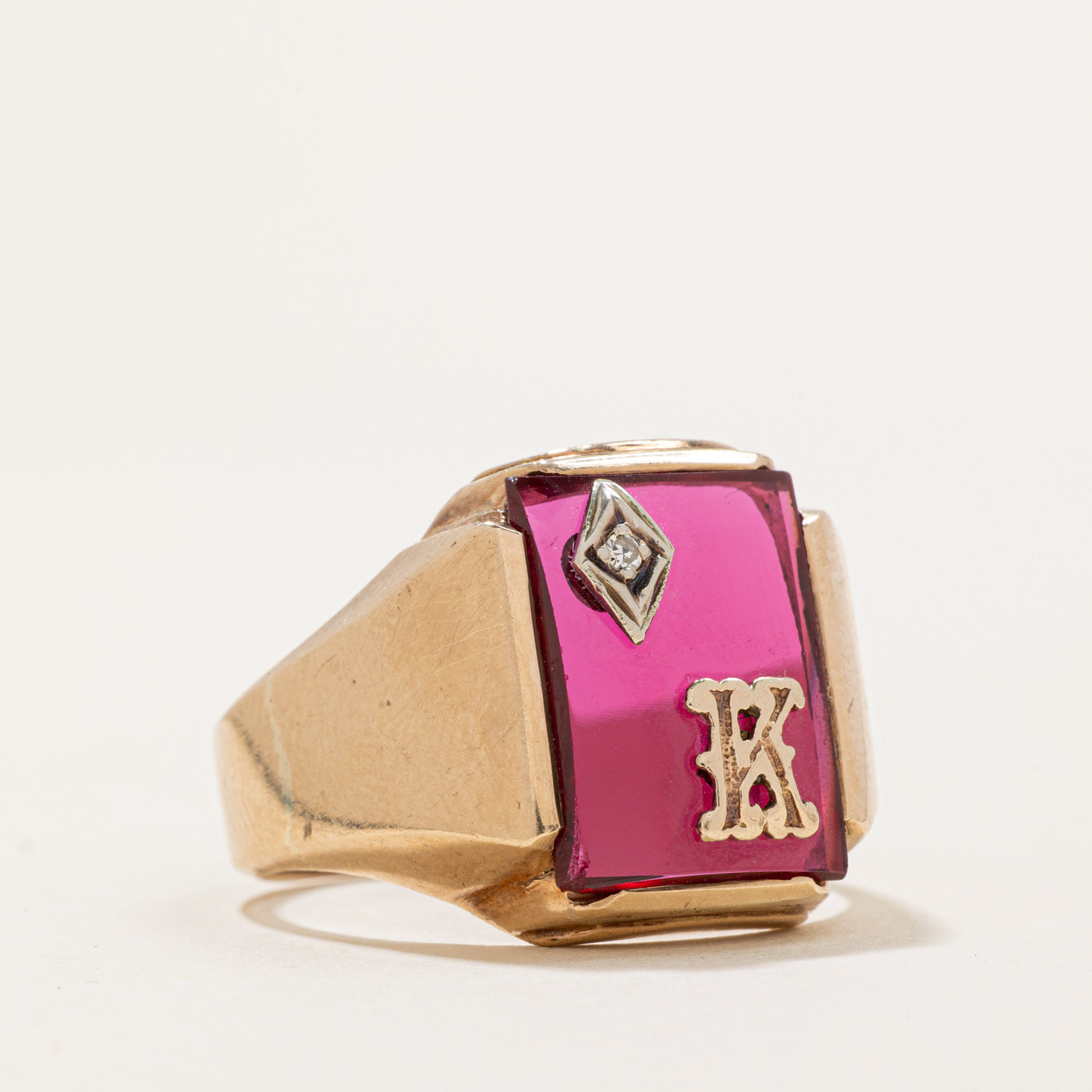 14K Gold Ruby & Diamond 'K' Signet Ring - 3.30ct Ruby & 0.01ct Diamond - Size 13 - Elegant Initial Jewelry for Women, Perfect Gift for Birthday, Anniversary & Special Occasions