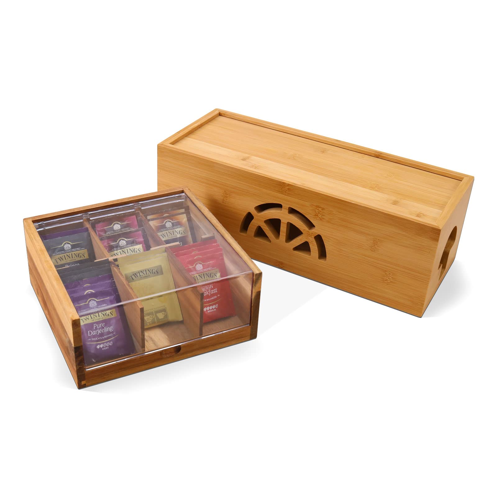 Premium Acacia Wood Tea Bag Holder & Bamboo Cord Organizer - Stylish Desktop Storage for Tea Bags, Cables, and Office Supplies | Perfect for Home, Office, and Kitchen Organization