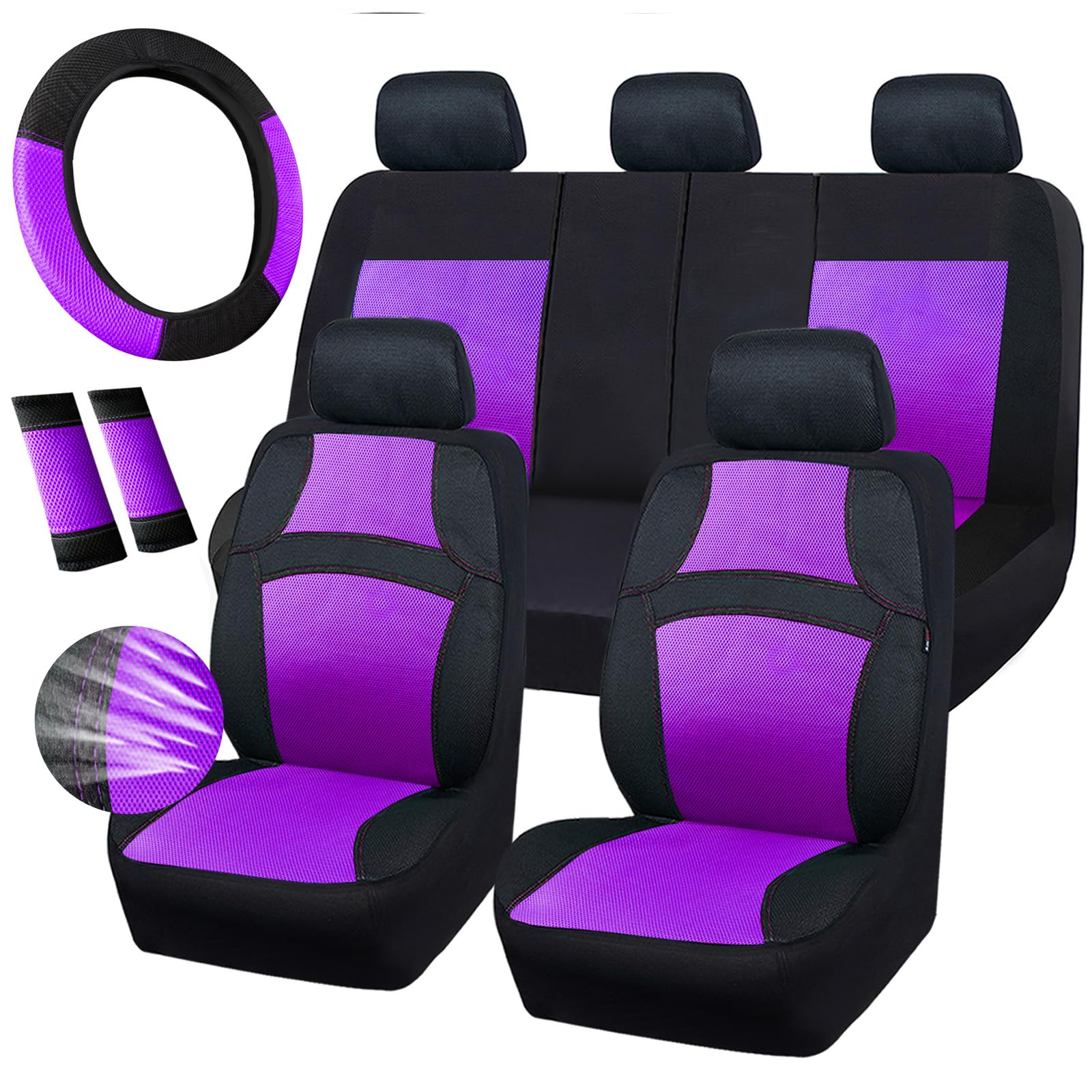 Universal 13PCS 3D Air Mesh Seat Covers Set - Breathable for SUV & Truck - Black/Purple for Women Drivers