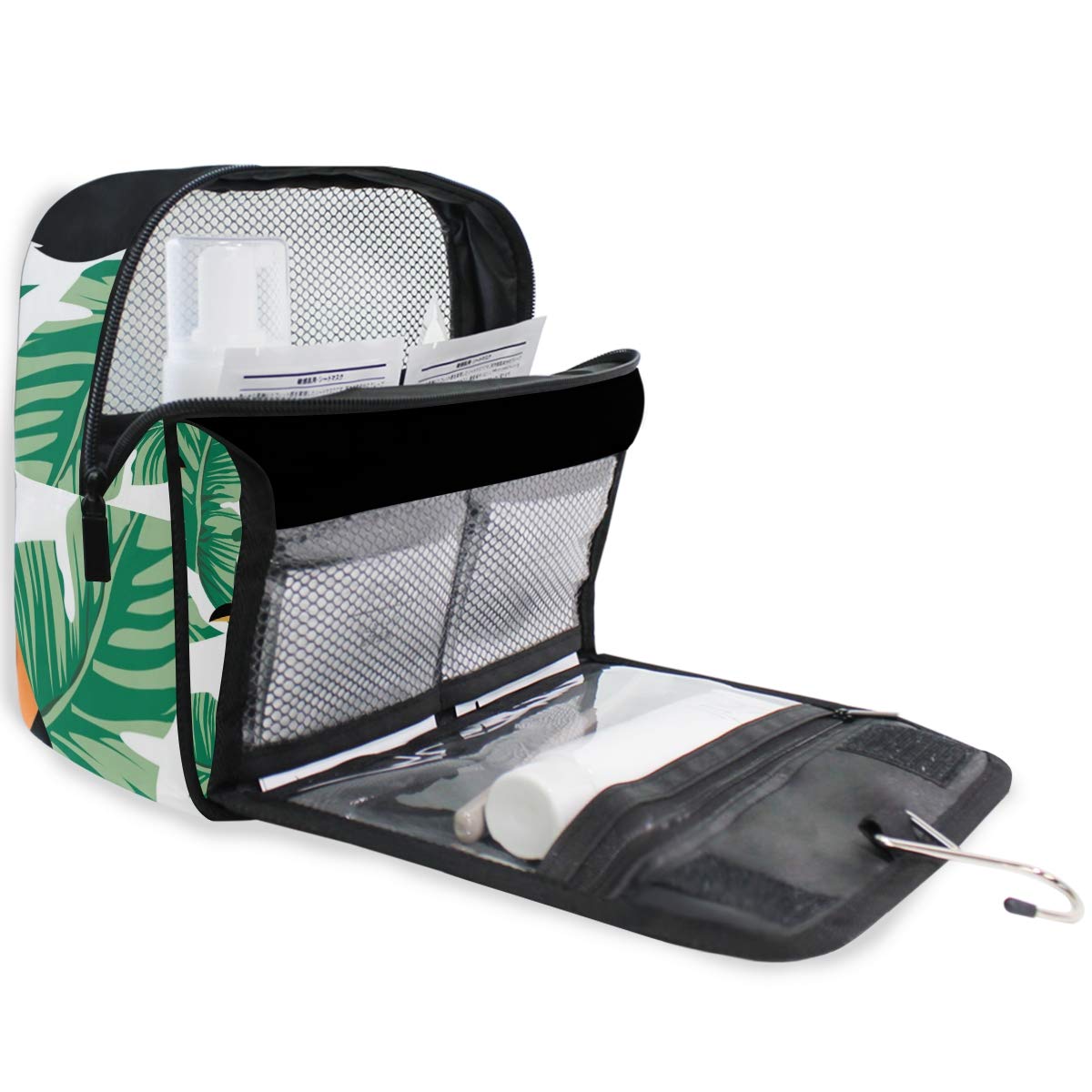 Linomo Hanging Travel Toiletry Bag for Women & Men - Waterproof Large Cosmetic Makeup Organizer with Hook - Perfect for Bathroom, Camping & Vacation (Tropical Leaves Toucan Design)