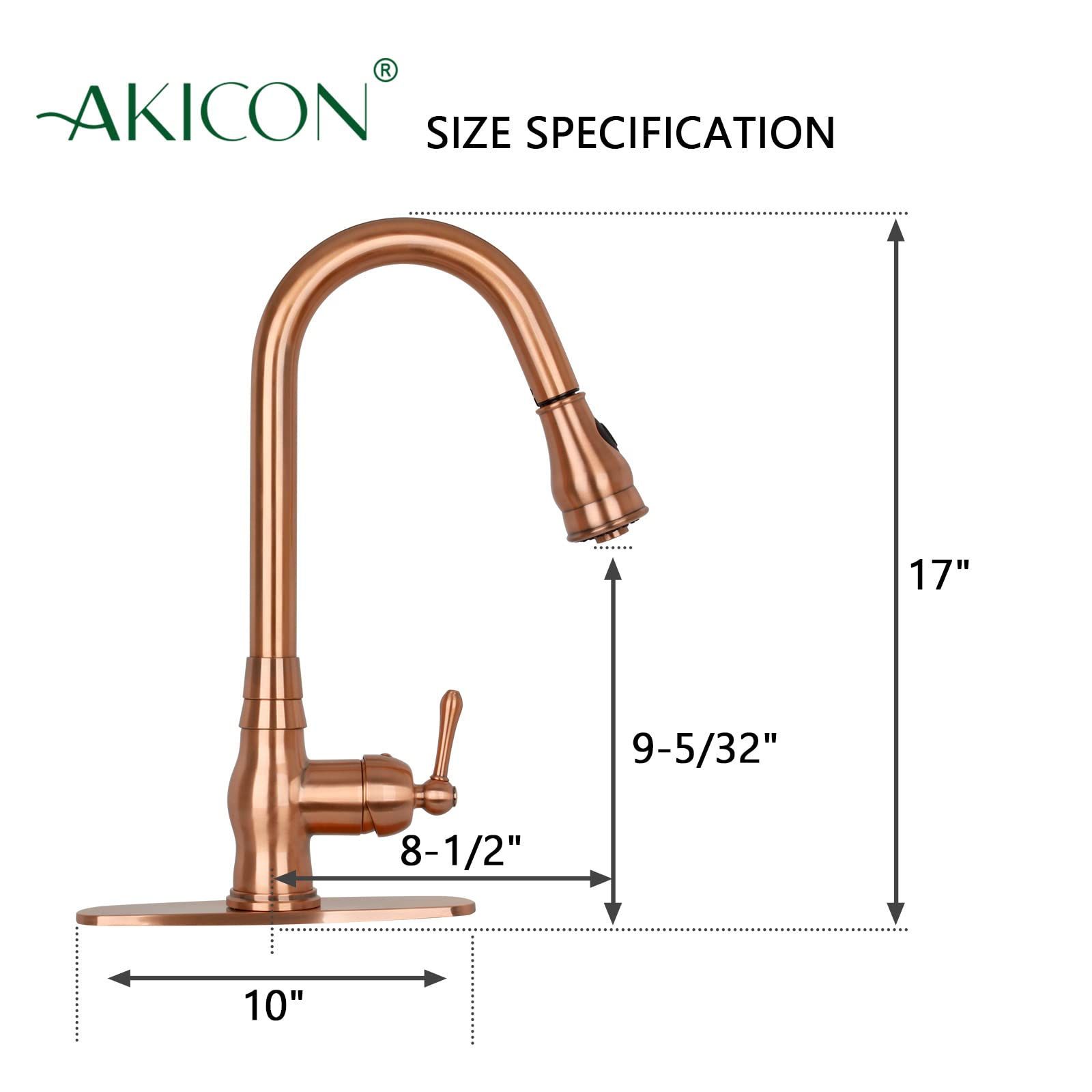 Akicon Copper Kitchen Faucet with Soap Dispenser - Single Handle Solid Brass High Arc Pull Down Sprayer Head - Deck Plate Included - Perfect for Modern Farmhouse & Industrial Style Kitchens
