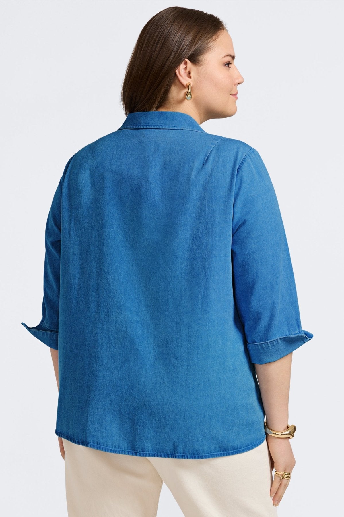 Agnes Plus Women's Tencel® Denim 3/4 Sleeve Popover Shirt - Soft Stretch Eco-Friendly Blouse for Casual Wear & Office Outfits