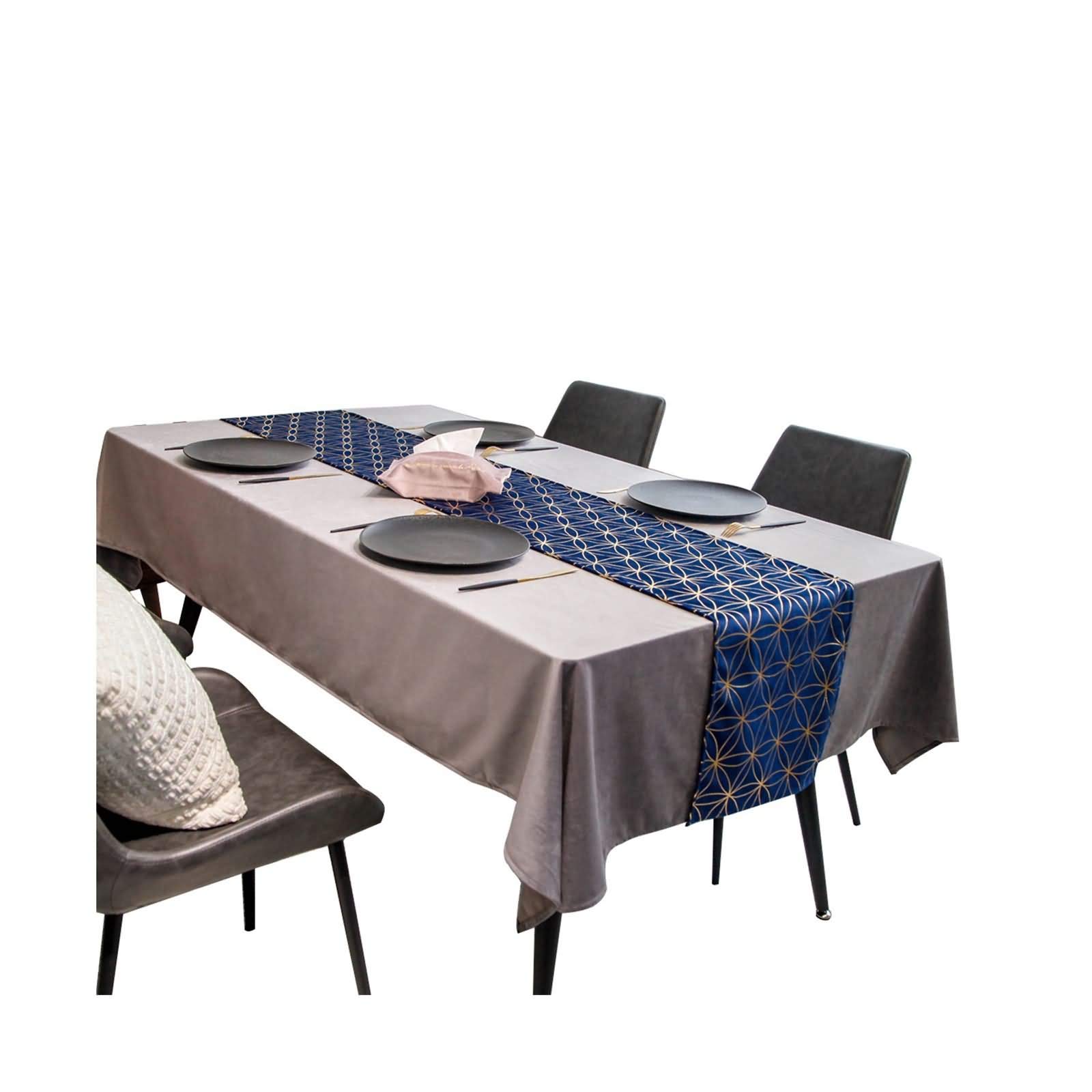 Elegant Blue and Gold Geometric Velvet Table Runner 32x220cm - Luxury Rectangular Table Decor for Dining Room, Wedding, and Holiday Parties