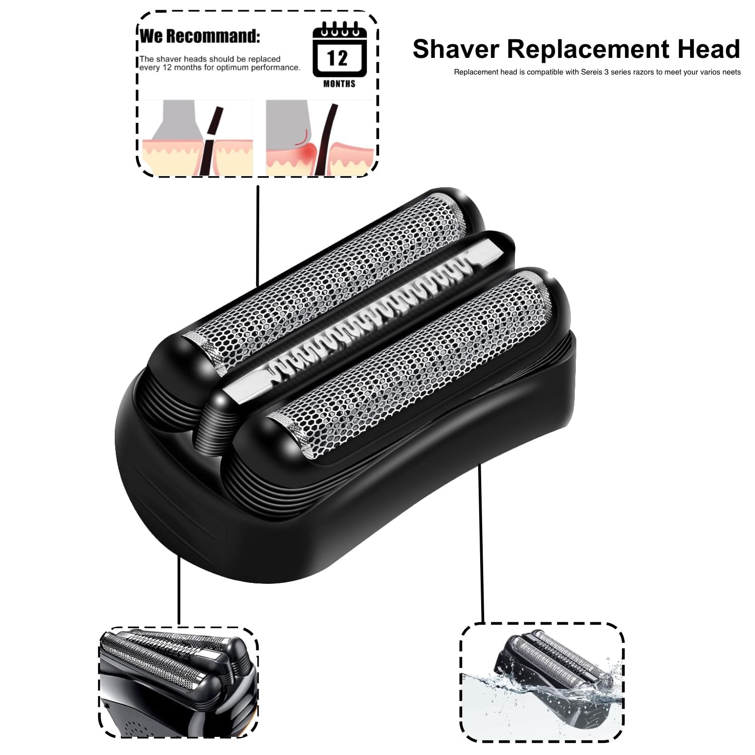 Braun Series 3 Replacement Shaver Head 21B - Compatible with Braun 300s & 310s Electric Razors - Precision Trimmer Blades for Smooth Shaving at Home or Travel