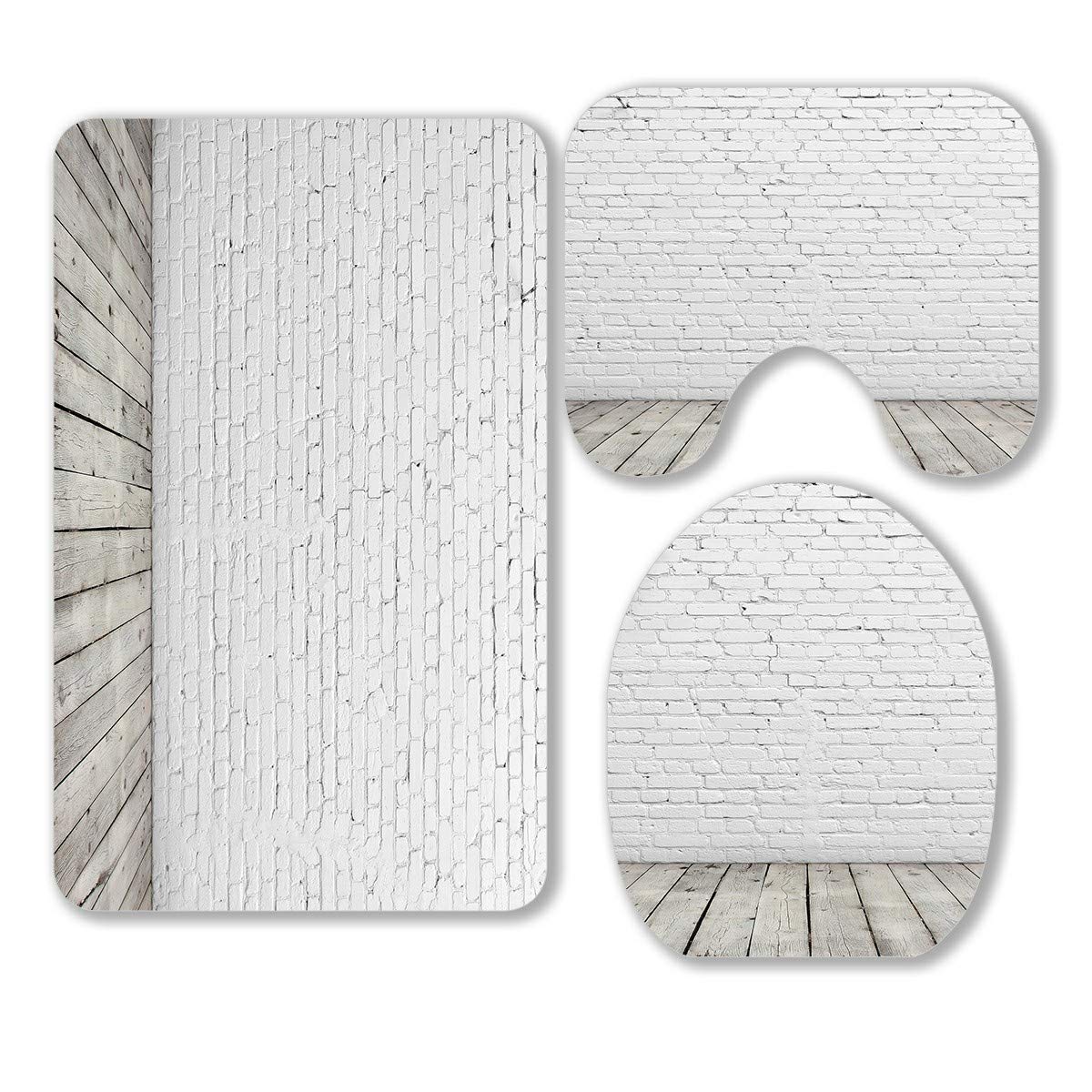 ECZJNT Vintage White Brick Wall & Wood Floor 3-Piece Bathroom Rug Set - Non-Slip Bath Mat, Contour Rug & Toilet Lid Cover - Perfect for Farmhouse, Rustic & Modern Bathroom Decor