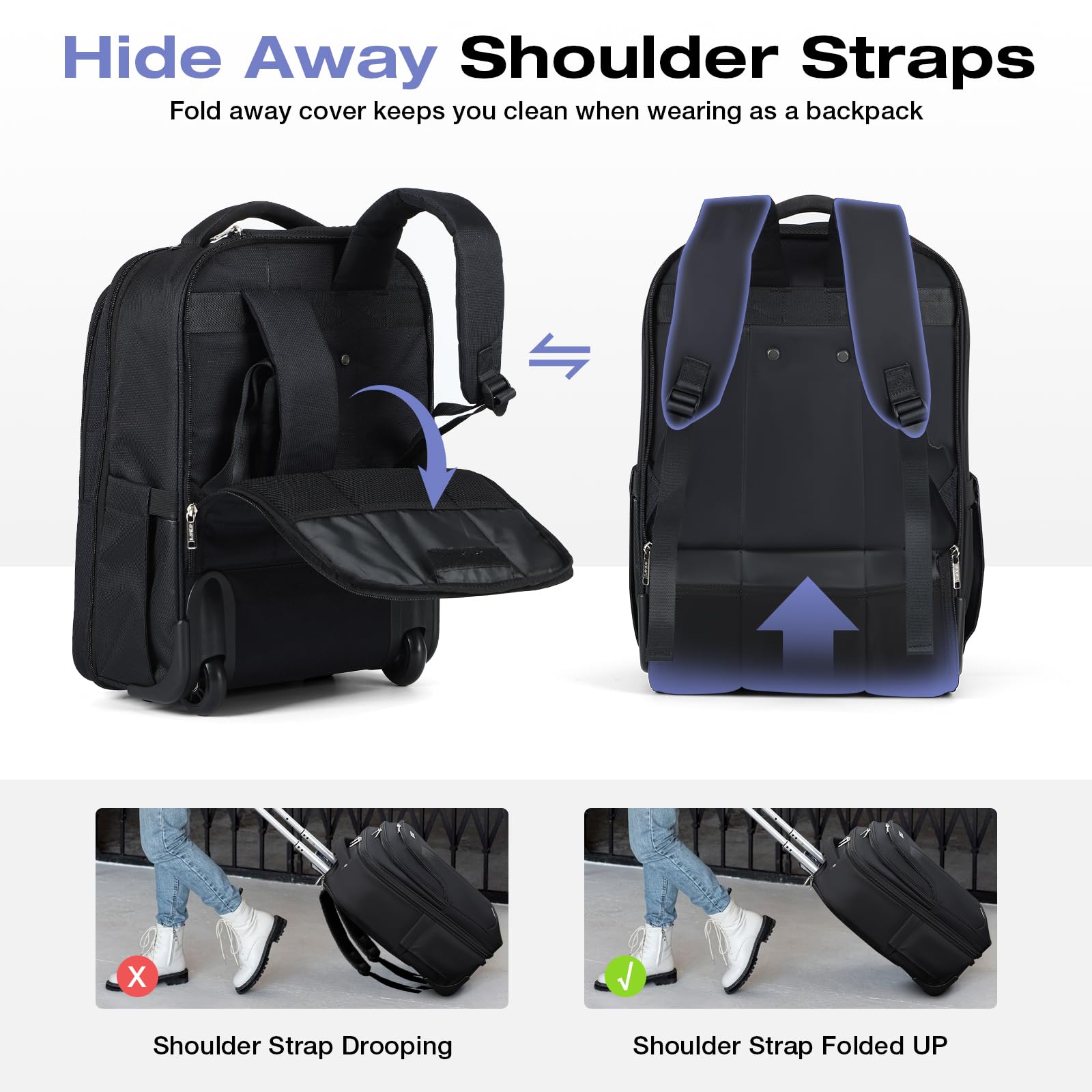 18 Inch Waterproof Rolling Backpack with Wheels for Adults - Large Black Wheeled Carry-on Luggage for Travel, Work & School - Trolley Laptop Backpack for Men & Women (Ideal for Airports, Commuting & Business Trips)