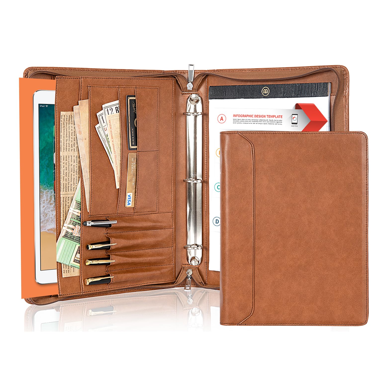 AZXCG Vegan Leather Padfolio for Women & Men - 3 Ring Binder Business Portfolio with Zipper & A4 Clipboard - Professional Document Organizer Notebook for Office, Meetings & Gifts (Brown)