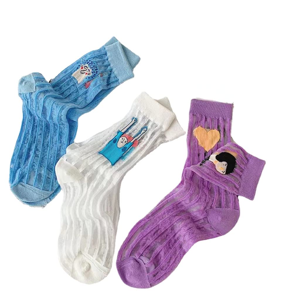 Women's 3-Pack Cute Glass Casual Socks - Summer Thin Purple Striped Breathable Crystal Socks - Novelty Vintage Tube Socks for Daily Wear, Outfits & Gifts