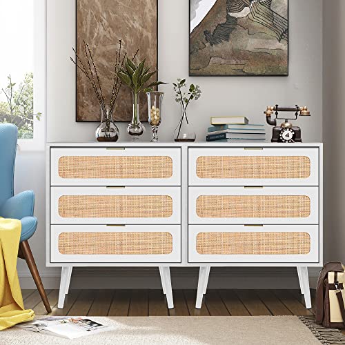 RARZOE 2-Piece Rattan Nightstand Set with 3 Drawers - Natural Wood Storage Dresser Cabinet Organizer for Bedroom, Living Room, Closet & Office - White | Perfect for Small Space Organization & Home Decor