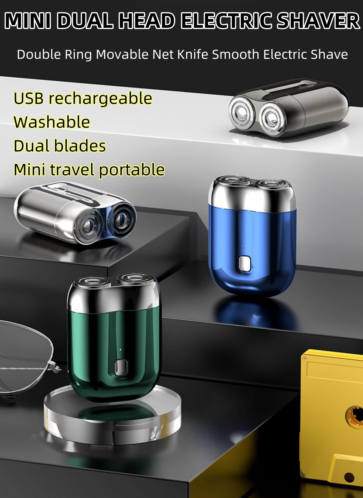 Mini Dual-Head Electric Shaver for Women & Men - Portable USB Rechargeable Shaver with Double Ring Movable Net Blades - Smooth Shaving for Travel, Gym & Daily Use (Blue)