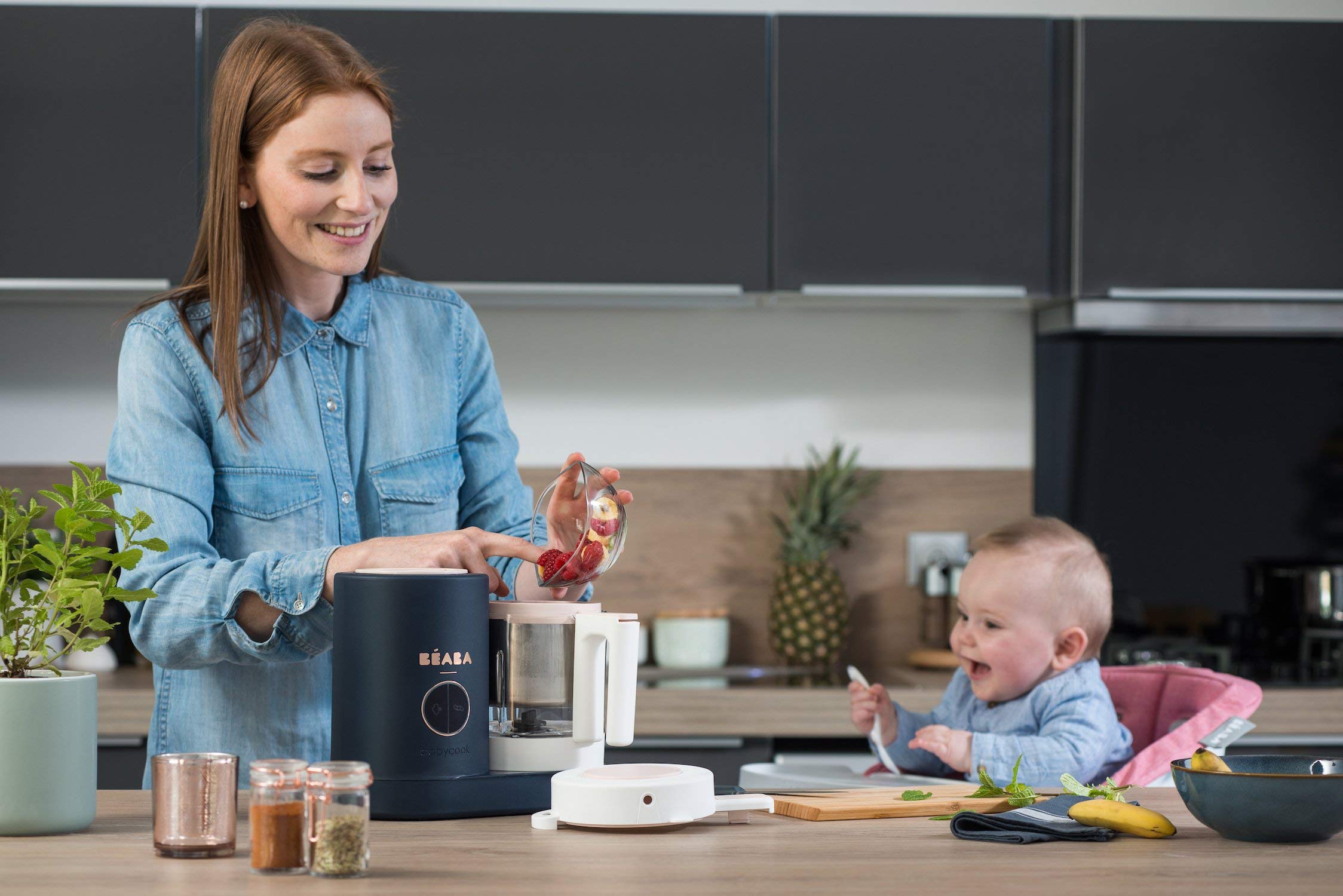 BEABA Babycook Neo Midnight Glass Baby Food Maker with Silicone Divided Plate, Spoon & Storage Tray | Pasta & Grain Insert | Ducasse Cookbook Included | Perfect for Homemade Baby Puree & Meal Prep
