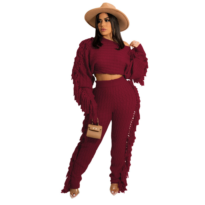 Solid Color Knitted Long Sleeve Fringe Suit - Women's Elegant Loungewear for Home, Office & Special Occasions