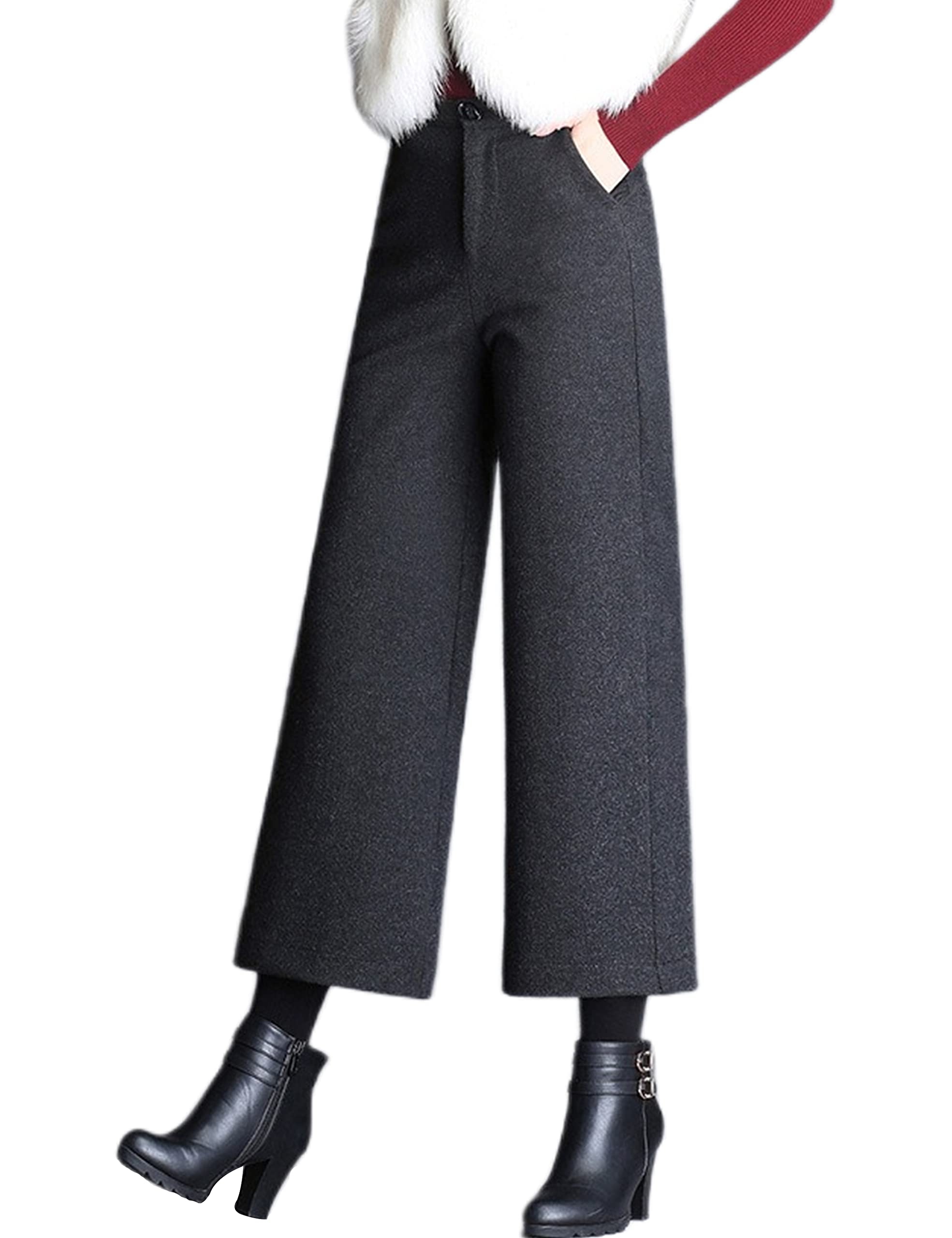 Tanming Women's High Waist Wool Blend Wide Leg Pants - Casual Cropped Trousers for Work, Office & Everyday Wear