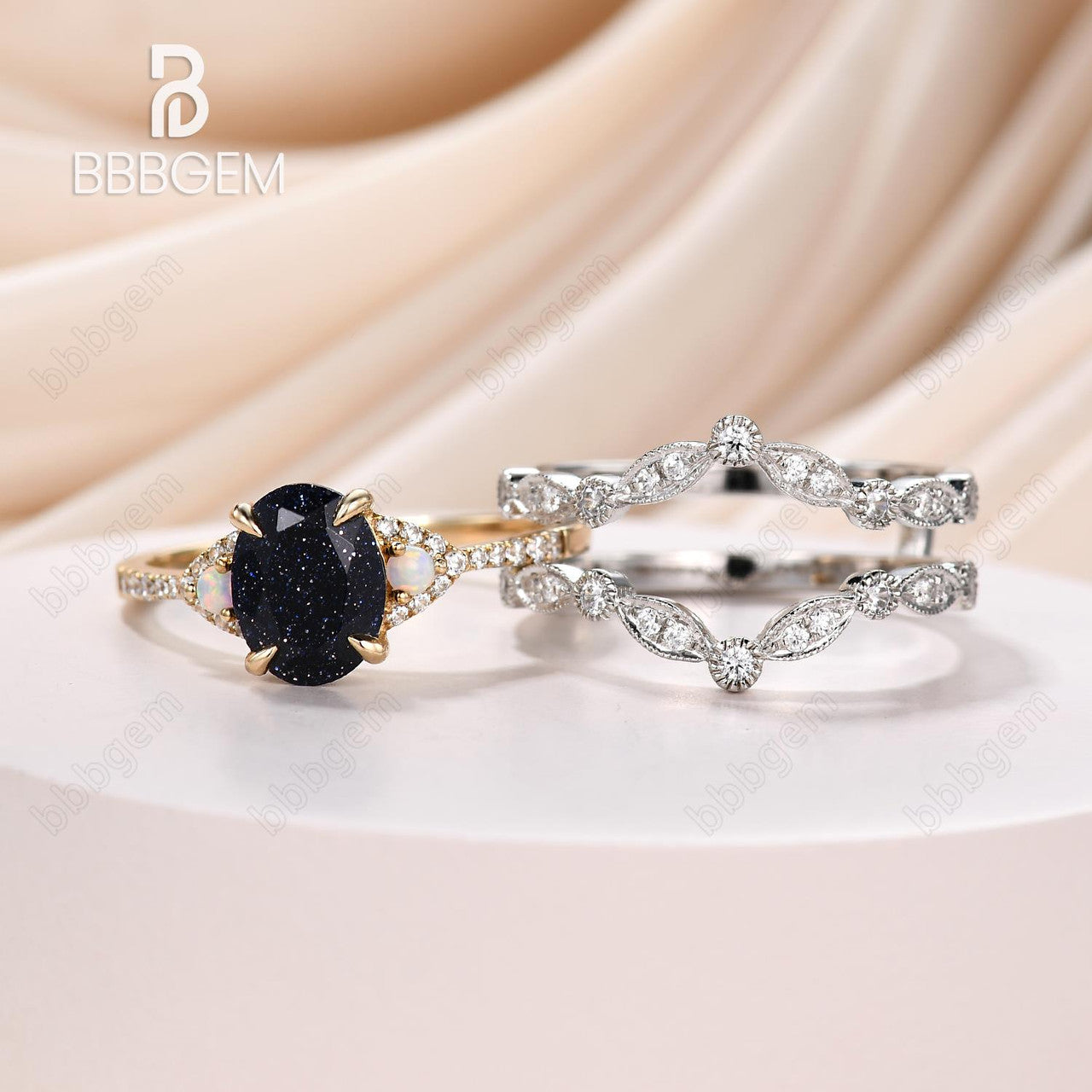 Three Stone Oval Blue Opal Wedding Ring Set in 14k White & Yellow Gold with Diamond Guard Ring Enhancer – Elegant Stackable Bridal Jewelry for Engagement, Anniversary & Special Occasions