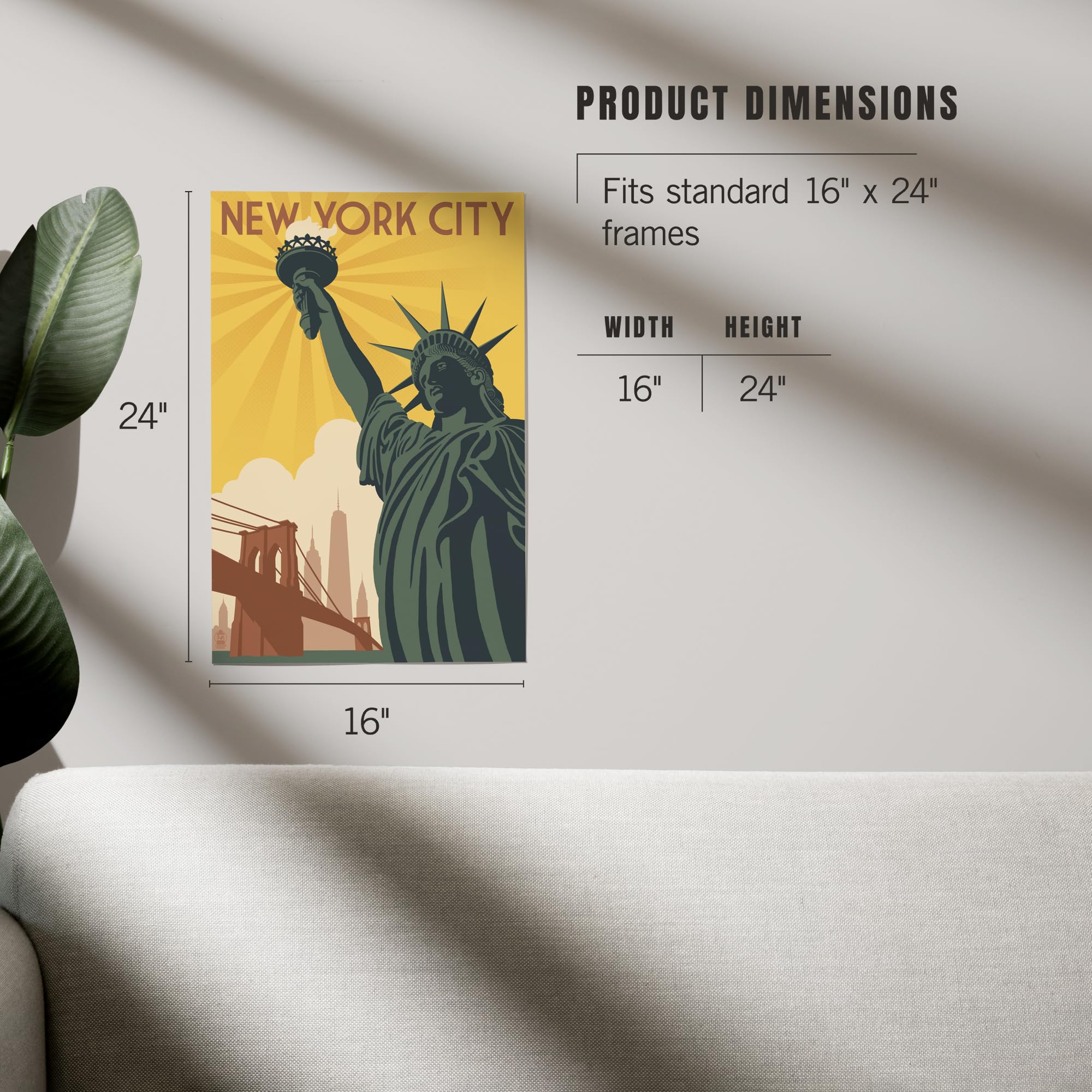 Lantern Press 16x24 Inch Giclee Art Print - New York City Skyline with Statue of Liberty and Bridge | Premium Wall Decor for Living Room, Office & Home