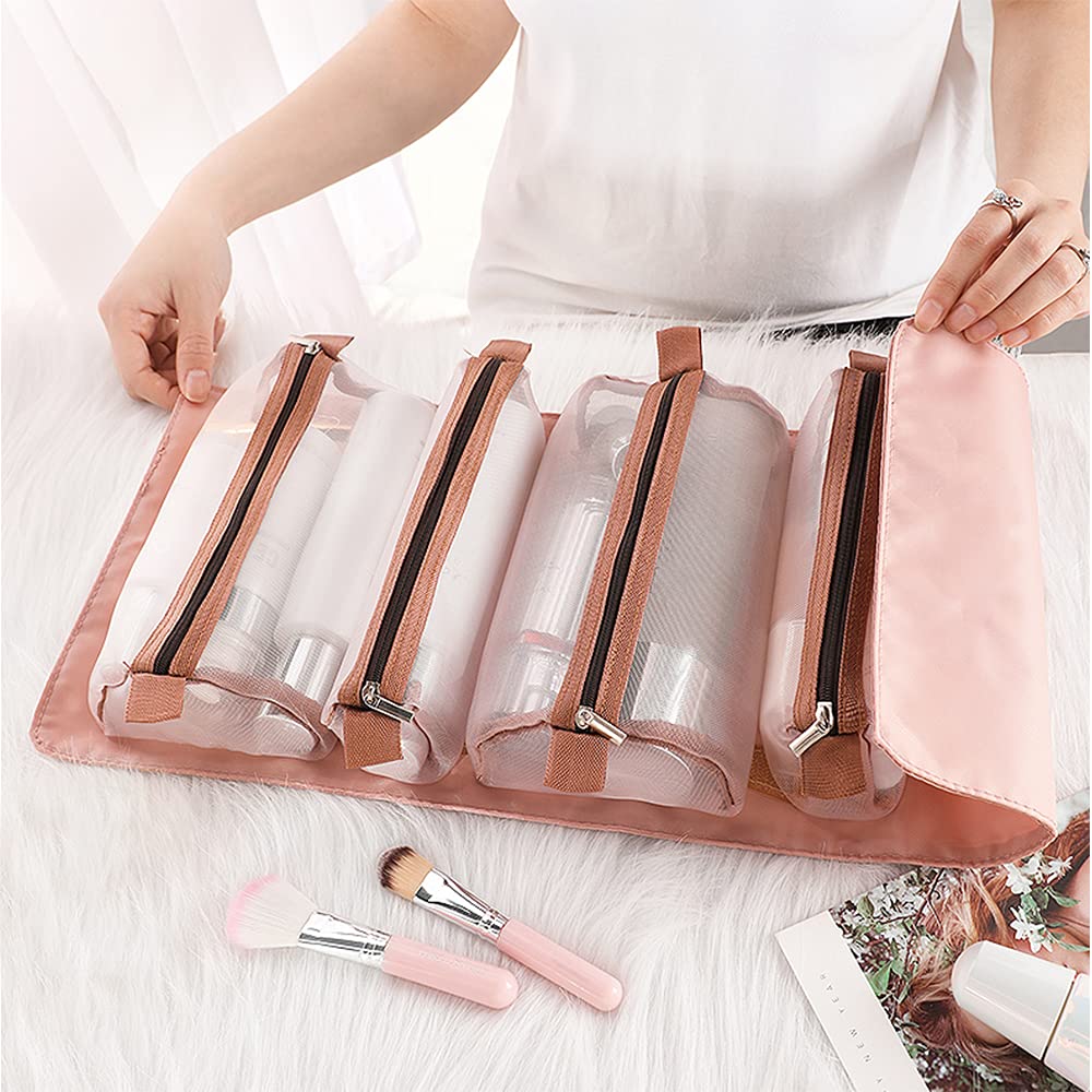 Clear Travel Toiletry Bag for Women - Waterproof Hanging Cosmetic Organizer with Detachable Pouch, Portable Makeup Bag for Daily Use & Travel - Pink | Perfect for Gym, Vacation & Business Trips