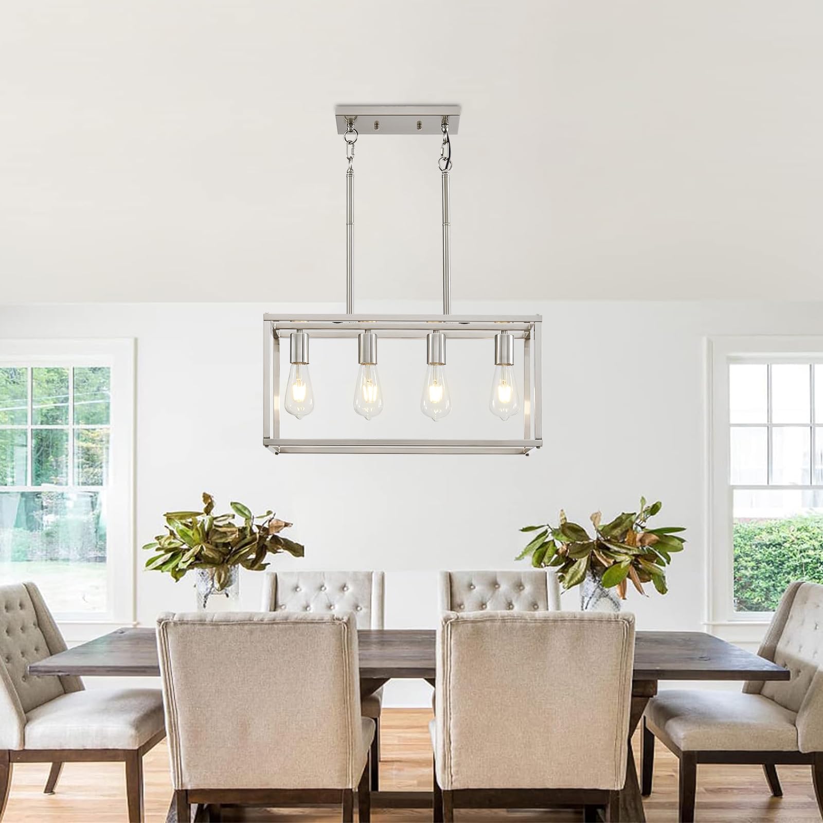 4-Light Farmhouse Chandelier Brushed Nickel - Modern Rectangular Dining Room & Kitchen Island Pendant Light Fixture with Adjustable Height, E26 Base - Perfect for Farmhouse, Rustic, and Contemporary Home Decor