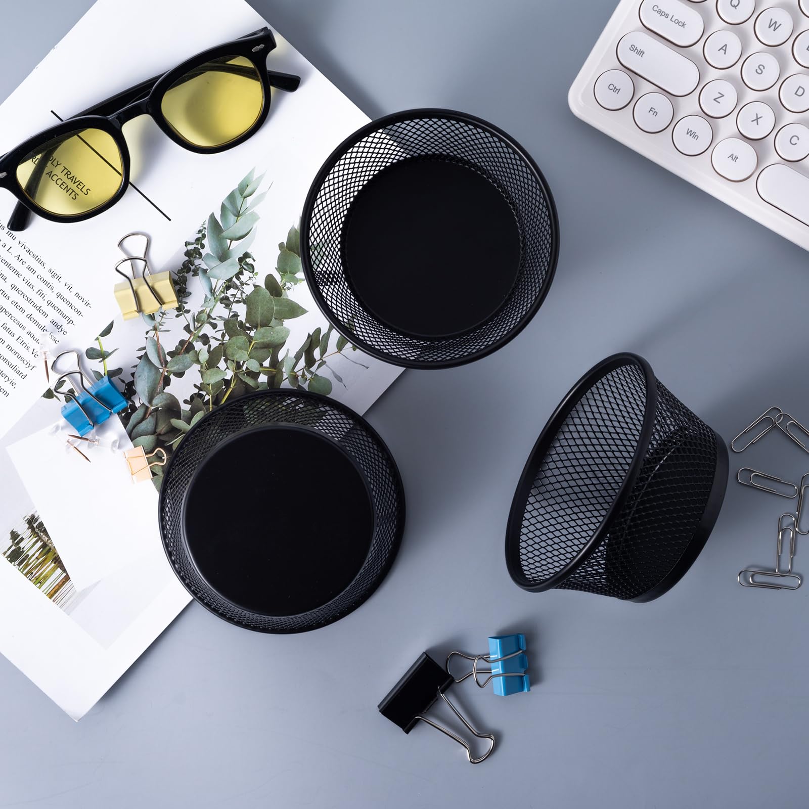 SLSON 6-Pack Black Wire Mesh Paper Clip Holder - Round Desktop Organizer for Office Supplies, Paperclips & Small Accessories | Perfect for Desk Organization & School Stationery Storage