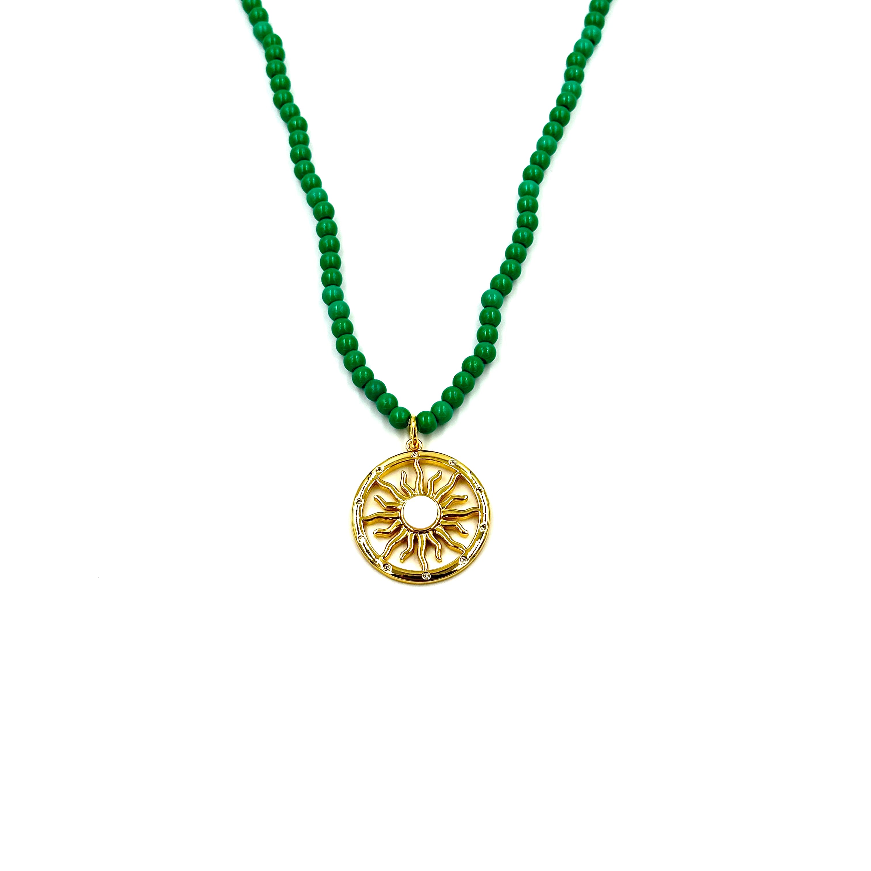 Ashley Gold Stainless Steel Starburst Pendant Necklace with 4mm Green Beads - Elegant Jewelry for Women, Perfect for Parties, Weddings & Everyday Wear