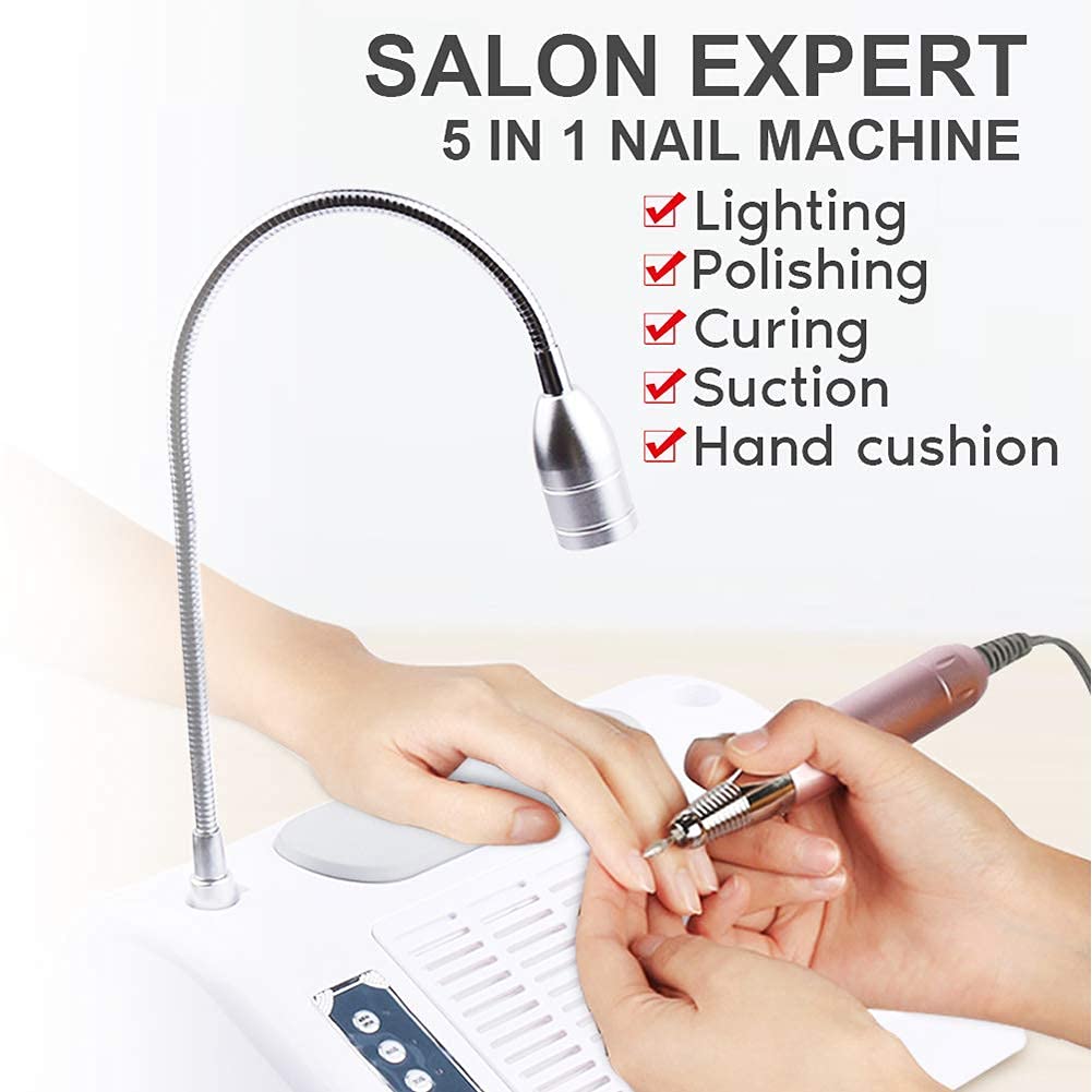 5 in 1 Nail Dust Collector & 30000RPM Grinding Polishing Machine with LED Desk Lamp - Professional Manicure Vacuum Cleaner for Home & Salon Use (US)