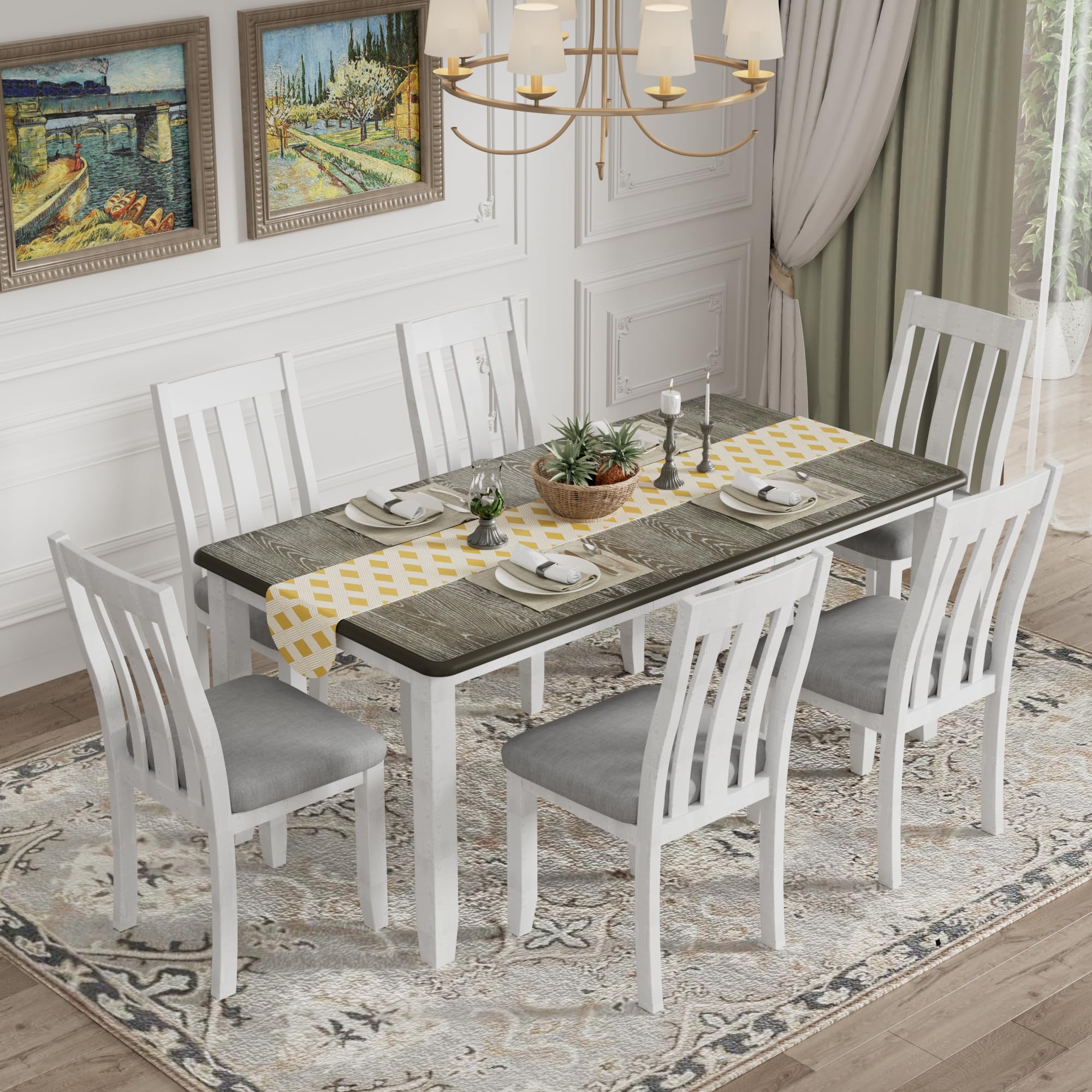 Vintage Extendable Dining Table Set with 6 Upholstered Chairs - 7-Piece Wooden Kitchen Table for Dining Room | Perfect for Family Gatherings & Dinner Parties