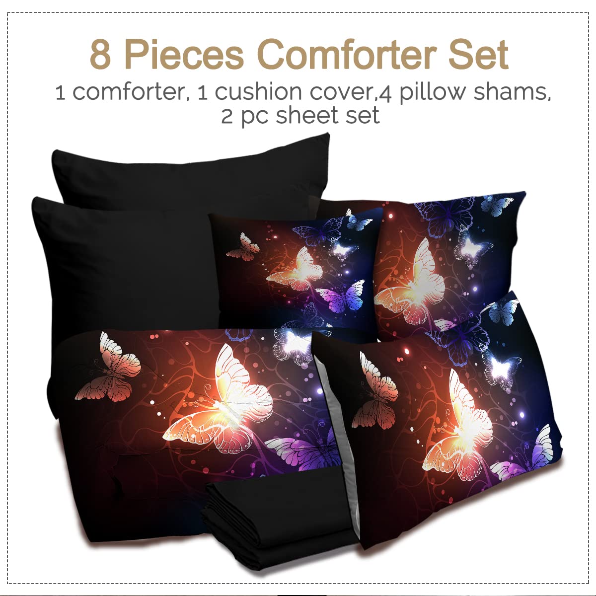 **BlessLiving 8-Piece Butterfly Comforter Set - Sparkle Bedding with Glow Butterflies, Dark Blue King Size Bed in a Bag (1 Comforter, 2 Shams, 1 Flat Sheet, 1 Fitted Sheet, 2 Pillowcases, 1 Cushion Cover) - Perfect for Bedroom Decor, Guest Room, and Luxury Home Styling**