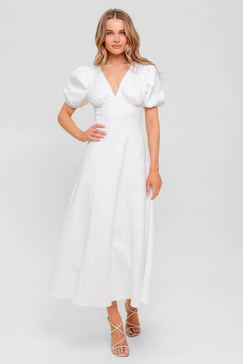 Glenda Midi Dress - White Denim Women's Casual Summer Dress for Beach, Party & Everyday Wear