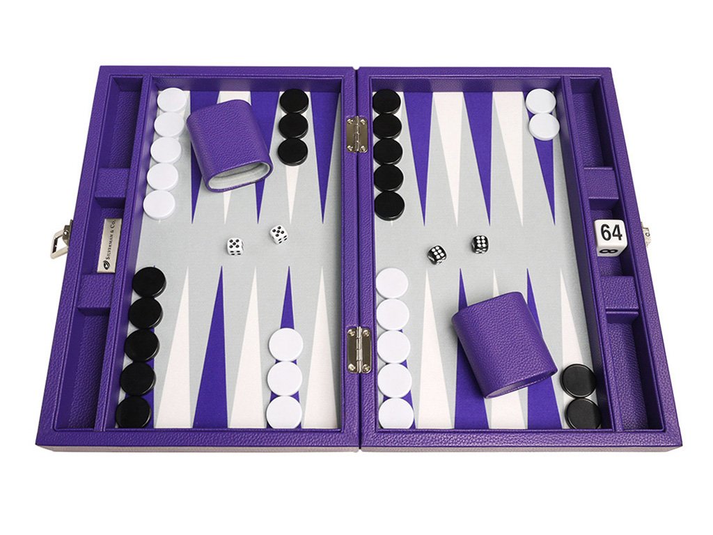 Premium 13-Inch Travel Backgammon Set - Purple Game Board with Grey Field & White/Purple Points | Portable Board Game for Camping, Beach, Picnics & Family Game Nights