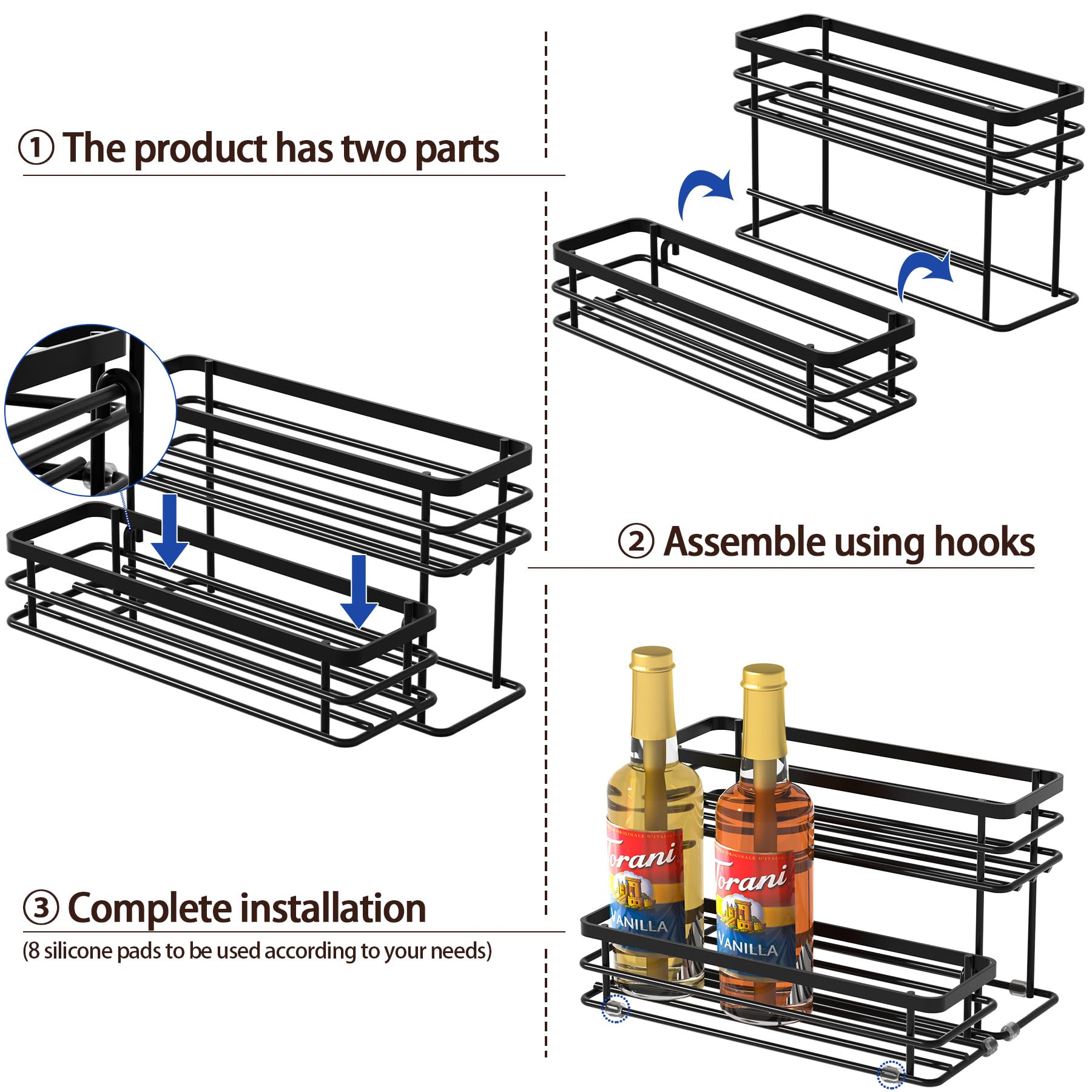 2-Tier Coffee Syrup Organizer Rack - Spice & Seasoning Storage for Kitchen Cabinet, Countertop, Pantry - Compact Wine Rack for Home - Perfect for Coffee Bars, Breakfast Nooks & Small Kitchen Organization (Black)
