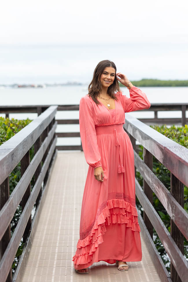 Lucky To Have You Coral Maxi Dress for Women - Flowy Summer Beach Dress with Pockets, Boho Chic Wedding Guest Dress, Perfect for Vacations & Date Nights