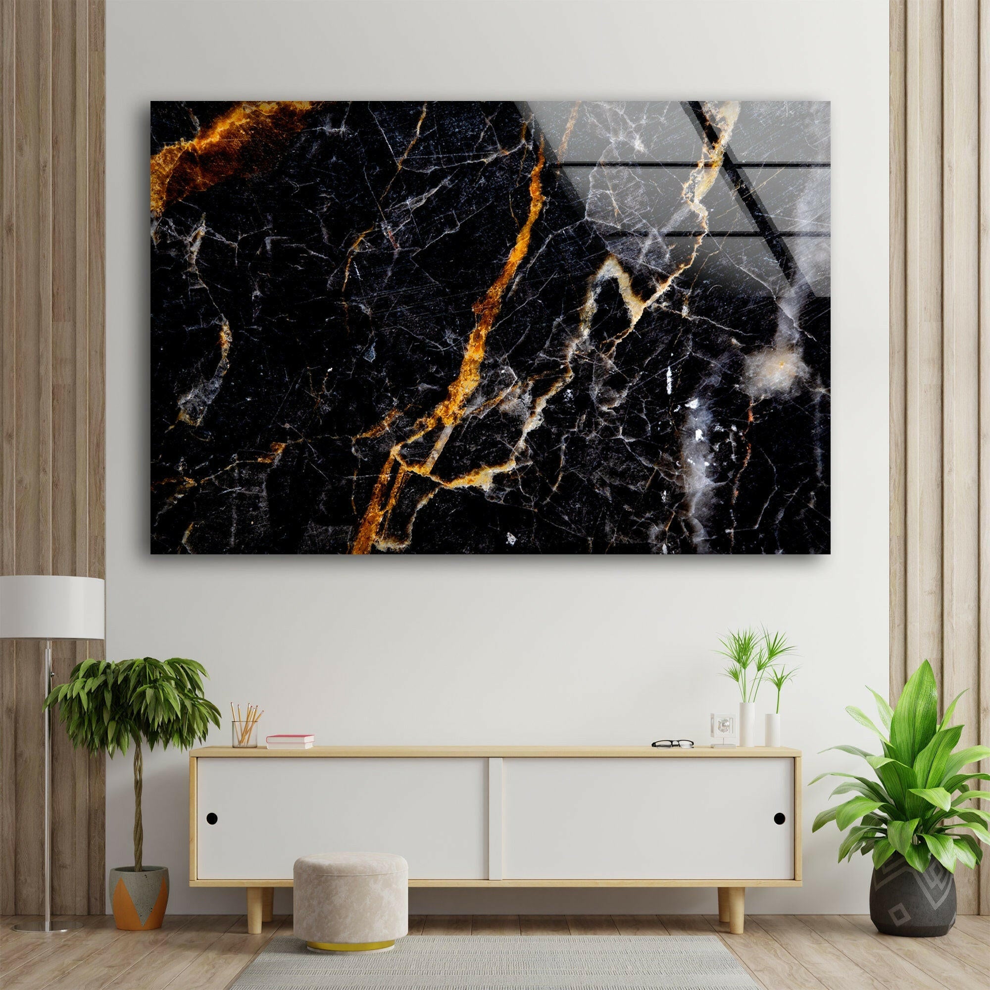 Black & Orange Marble Abstract Glass Wall Art - Modern Home Decor for Living Room, Bedroom & Office - Unique Handmade Glass Painting for Contemporary Interior Design