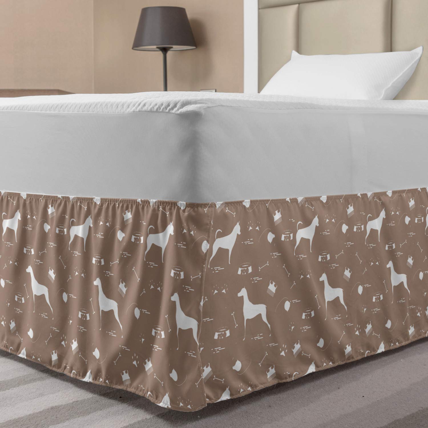 Lunarable Dog Bone Bed Skirt - Silhouette Domestic Animals Design with Greyhound Collar & Dog Paw Prints, Elastic Wrap Around Dust Ruffle for Queen/Full Size Beds - White Pet-Themed Bedding Decor | Perfect for Dog Lovers' Bedrooms & Pet-Friendly Home Decor