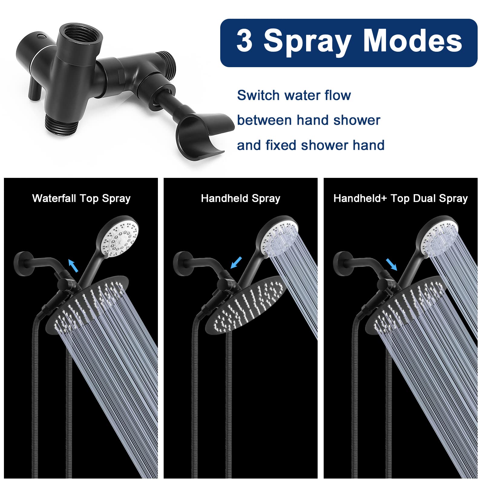NearMoon All Metal 3-Way Shower Diverter Valve - G1/2 Thread Universal Bathroom Shower System Replacement Part with Handheld Shower Mount - Matte Black - Perfect for Dual Shower Head Setup in Home Bathroom Renovation