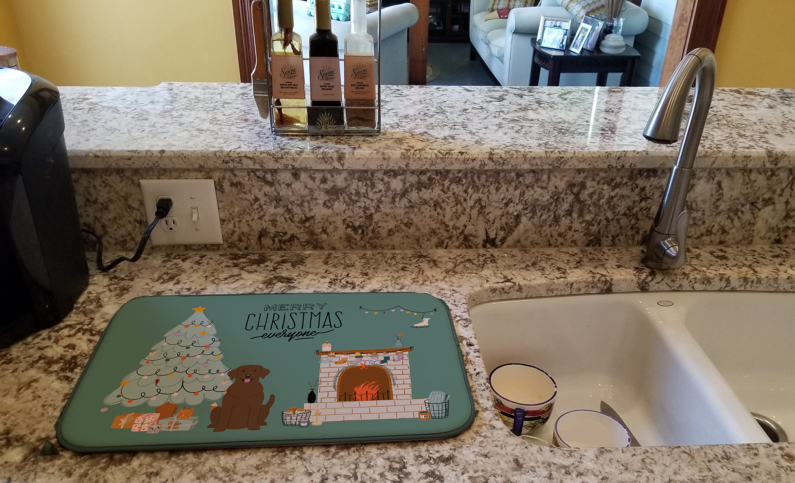Chocolate Labrador Christmas Dish Drying Mat - Absorbent Kitchen Counter Pad for Holiday Decor