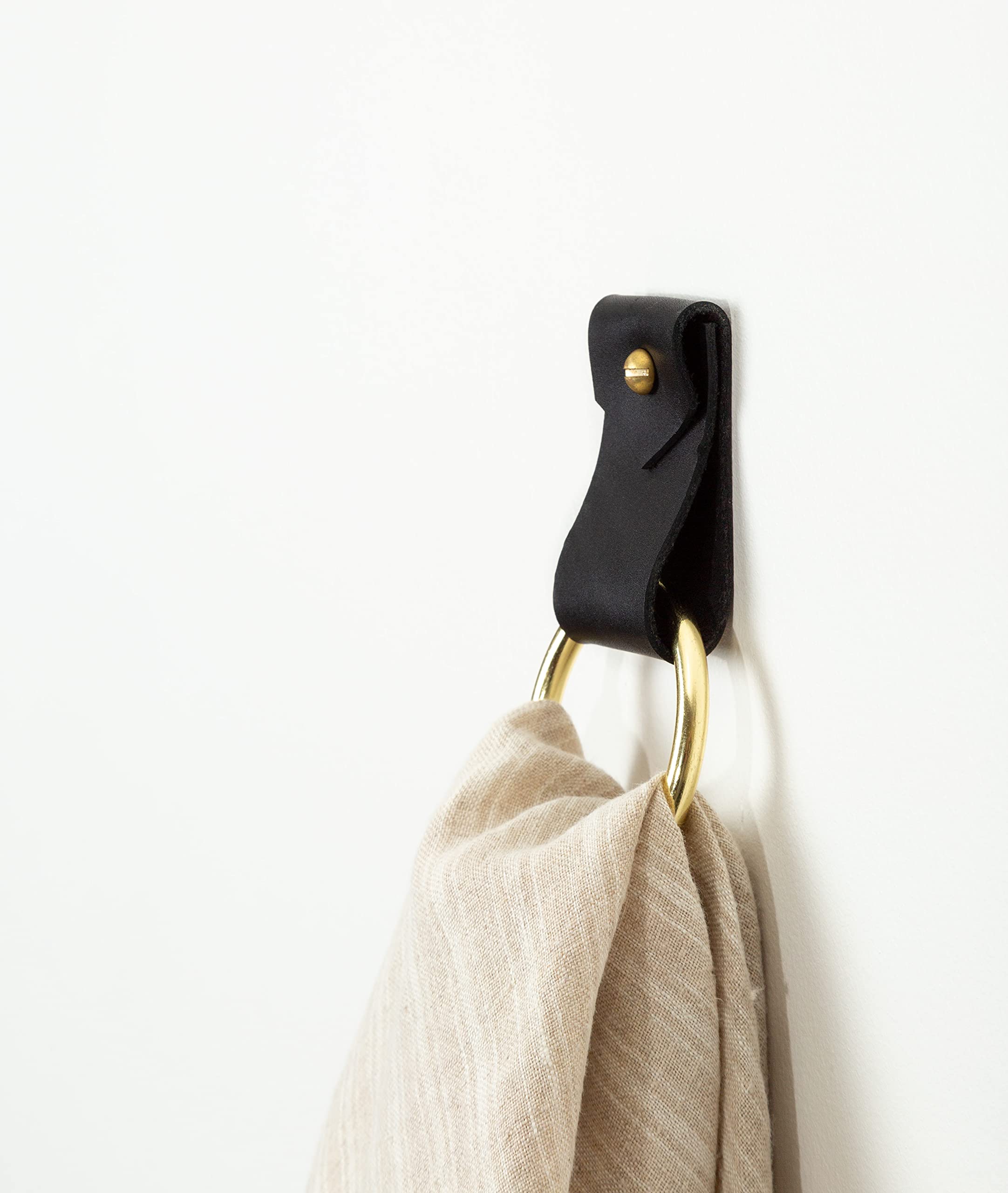 KEYAIIRA - Small Wide Leather Wall Hook, Silver Minimalist Towel Ring & Hanging Strap for Bathroom, Kitchen, or Entryway - Decorative Hand Towel Holder & Storage Rack for Home Organization