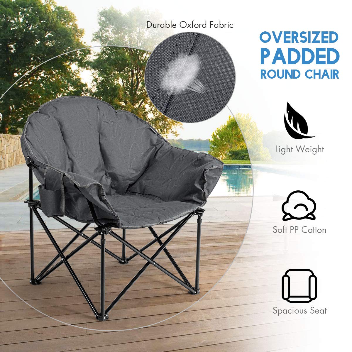 **Tangkula Oversized Camping Chair - Heavy Duty Padded Folding Chair with Cup Holder & Carry Bag, Moon Round Saucer Club Chair for Outdoor, Picnic, Fishing, Hiking, Beach, Backyard, BBQ, Concert (Grey, 2-Pack) - Perfect for Relaxing in Comfort Anywhere**