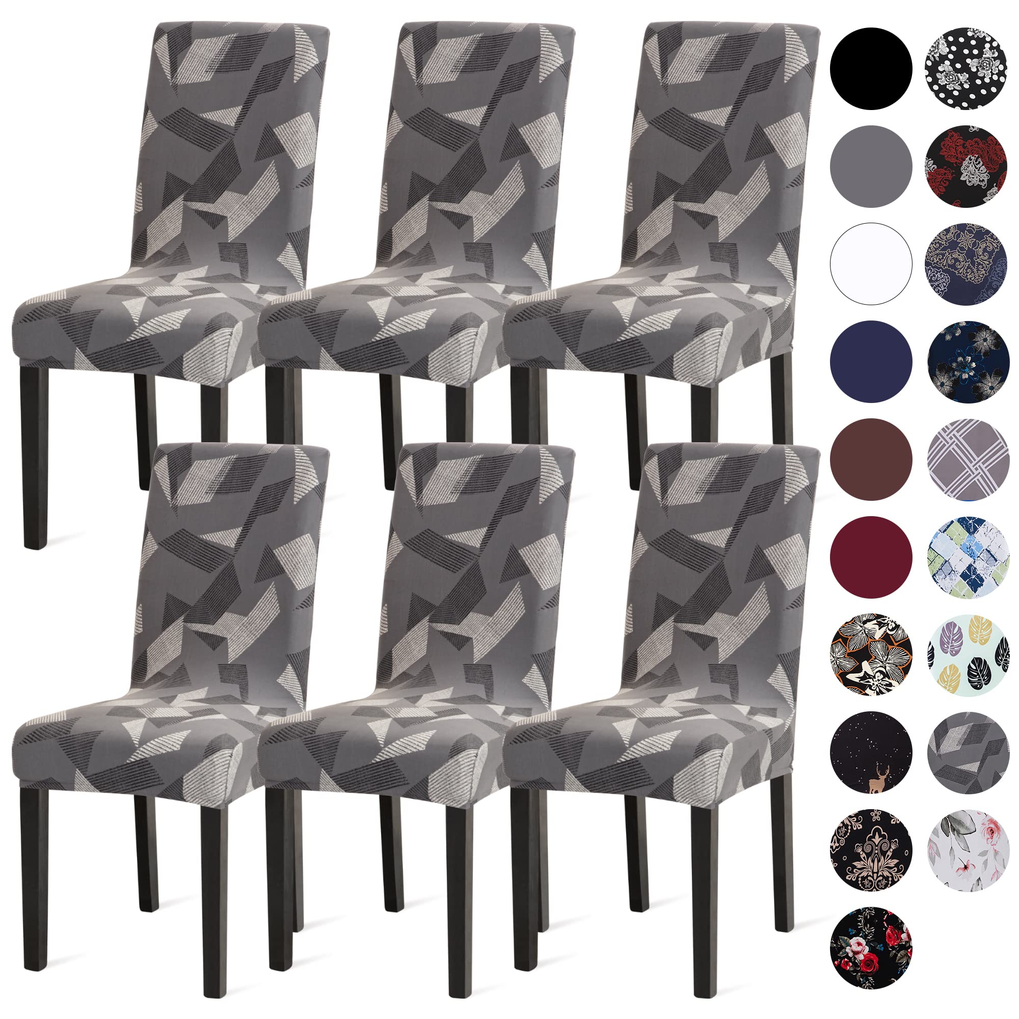 Stretchable Spandex Dining Chair Covers Set of 6 - Grey Triangle Pattern Slipcovers for Kitchen, Parsons & Dining Room Chairs | Washable Fabric Protectors for Home, Restaurant & Office Use