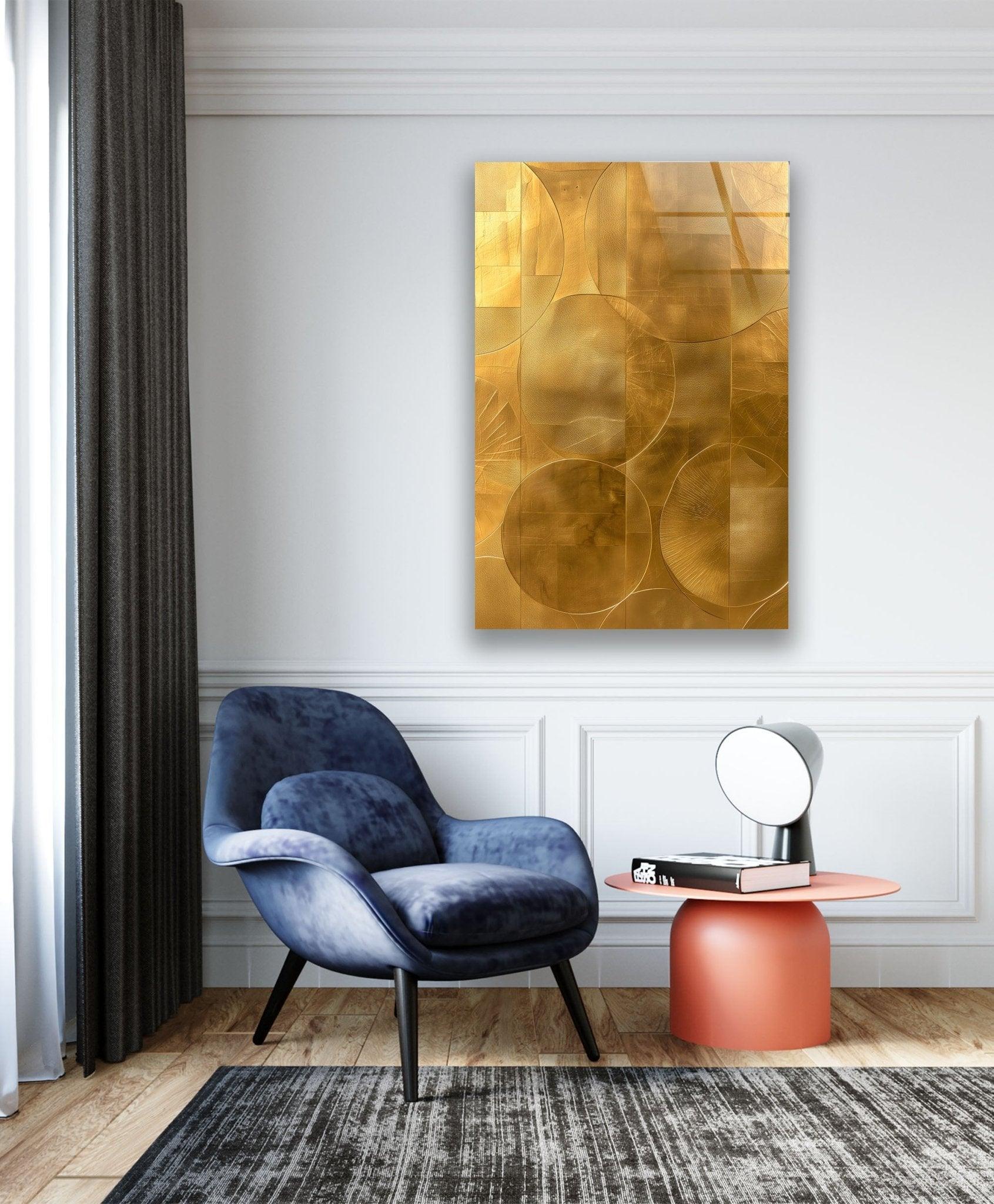 Abstract Gold Geometric Glass Wall Art - Modern Home Decor for Living Room, Bedroom & Office - Elegant Handmade Glass Panel for Stylish Interior Design