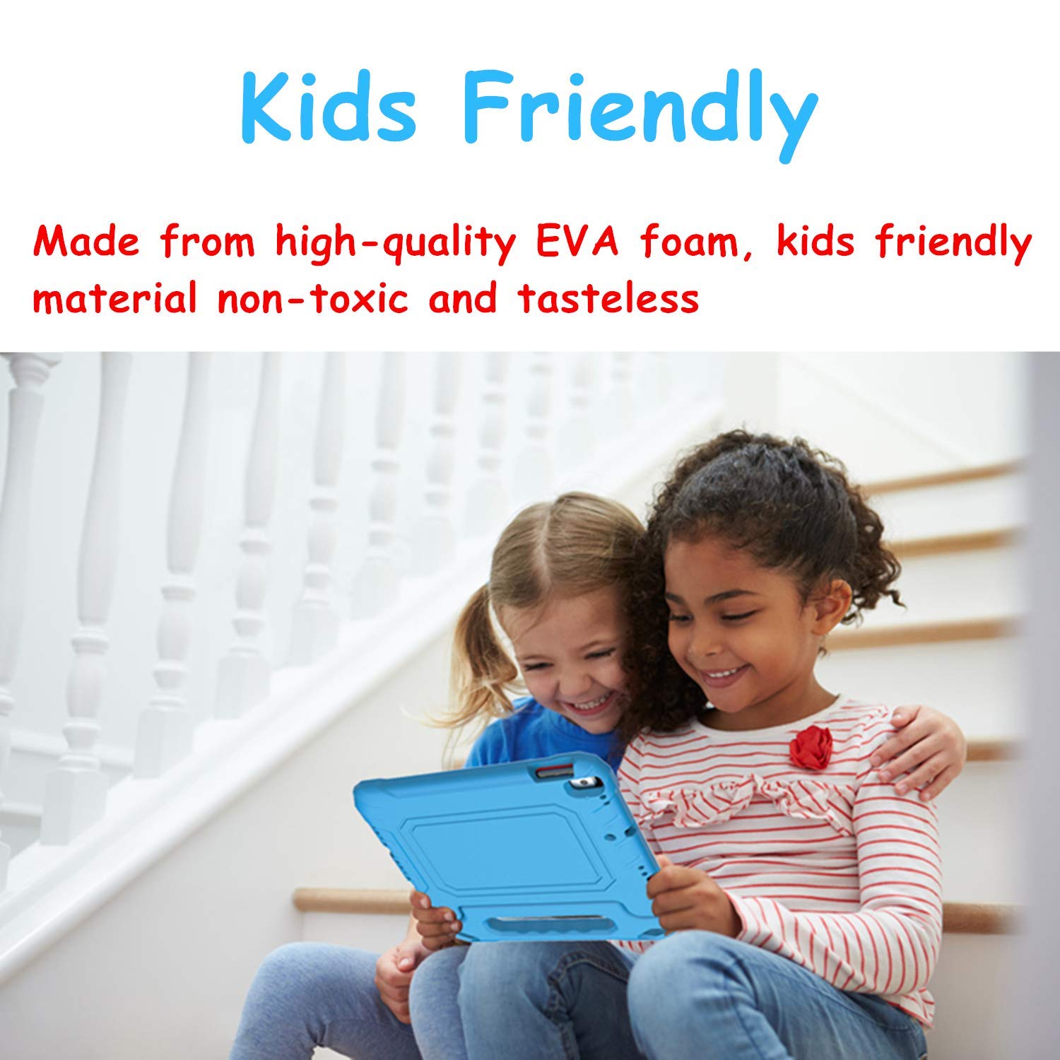 Shockproof Kids iPad Case for iPad 9.7-inch (6th/5th Gen & Air/Air 2) - Lightweight Convertible Stand Cover with Built-in Screen Protector, Handle - Blue & Red - Perfect for School, Travel & Home Learning
