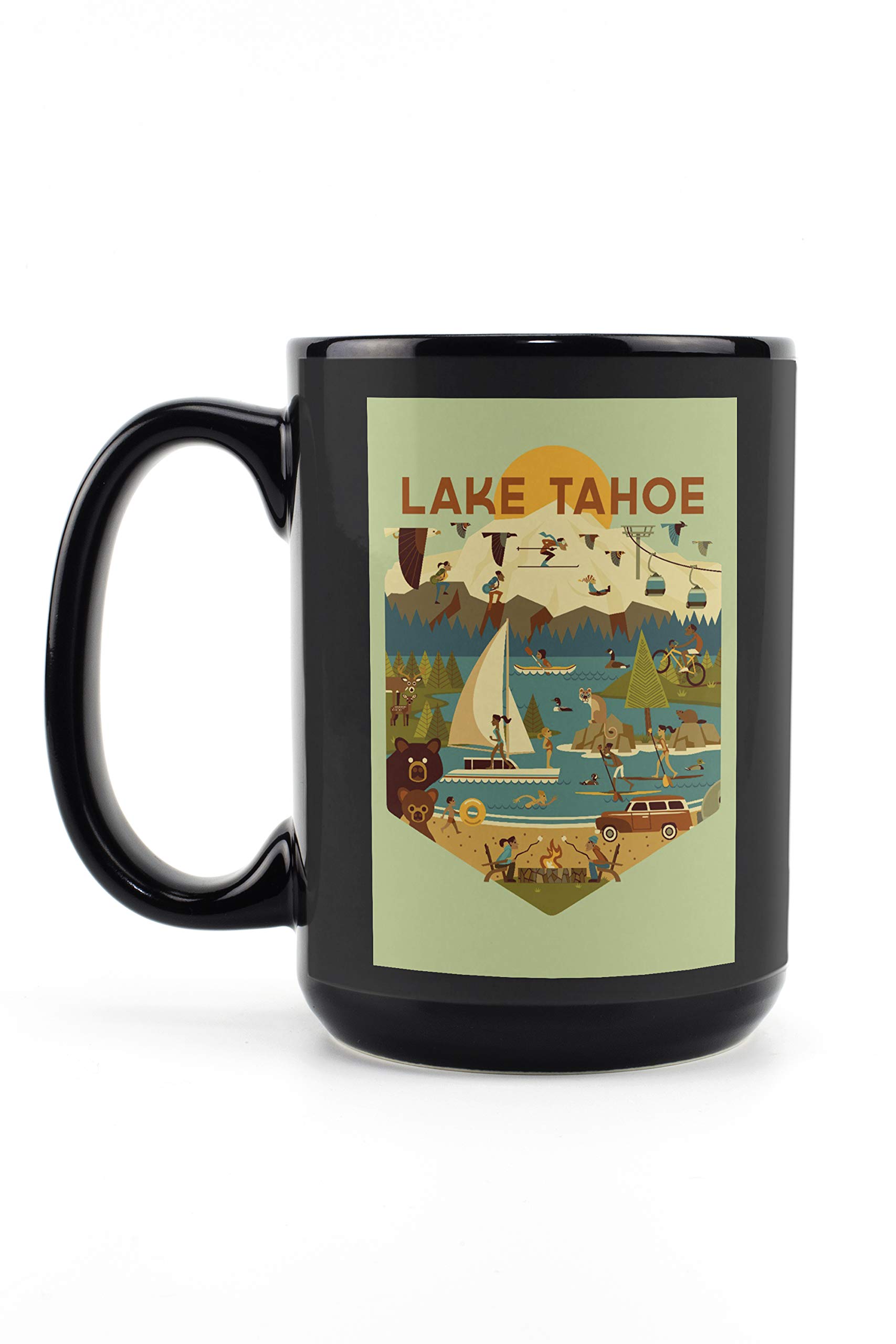 Lantern Press Lake Tahoe Geometric Contour 15oz Black Ceramic Coffee Mug - Microwave & Dishwasher Safe - Perfect for Home, Office & Camping Use