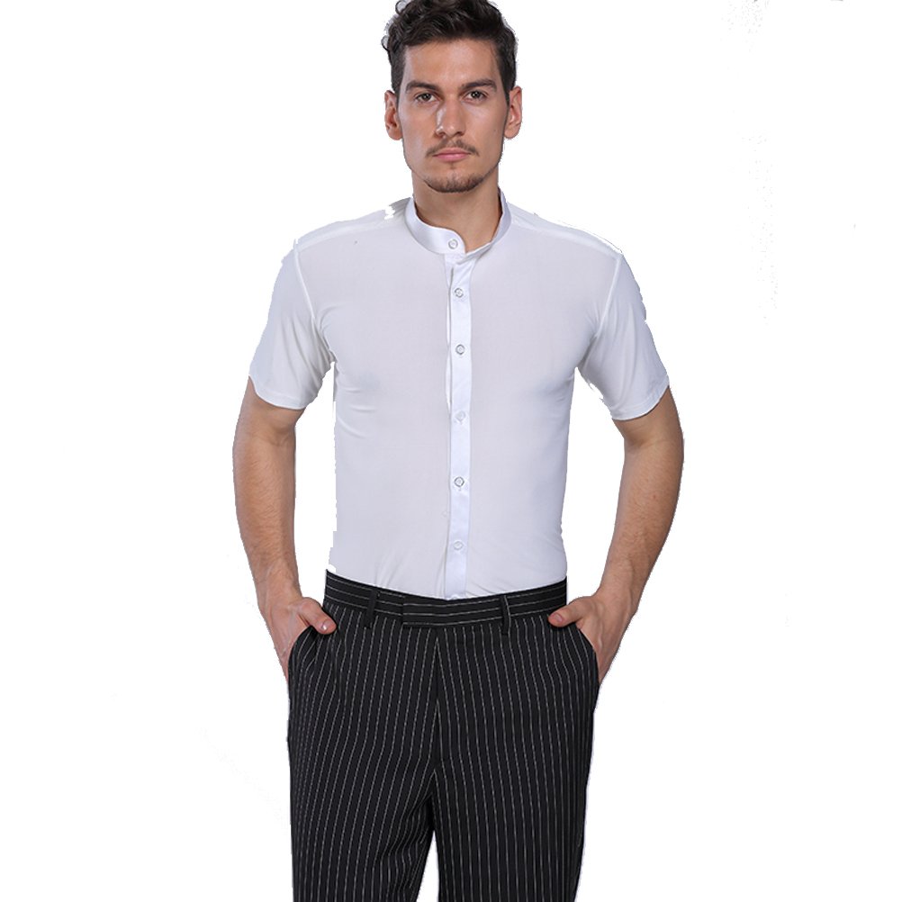 Men's Professional Pure Color Stand Collar Short Sleeve Modern Dance Shirt - Latin Ballroom & Square Dance Performance Top for Competitions & Social Events