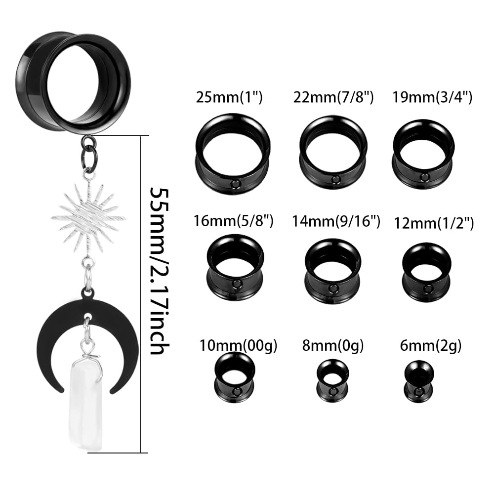 2PCS Moon Pendant Natural Stone Stainless Steel Dangle Ear Plugs Tunnels Stretcher Piercing Body Jewelry for Women Men - Boho Chic Style for Parties, Concerts & Everyday Wear